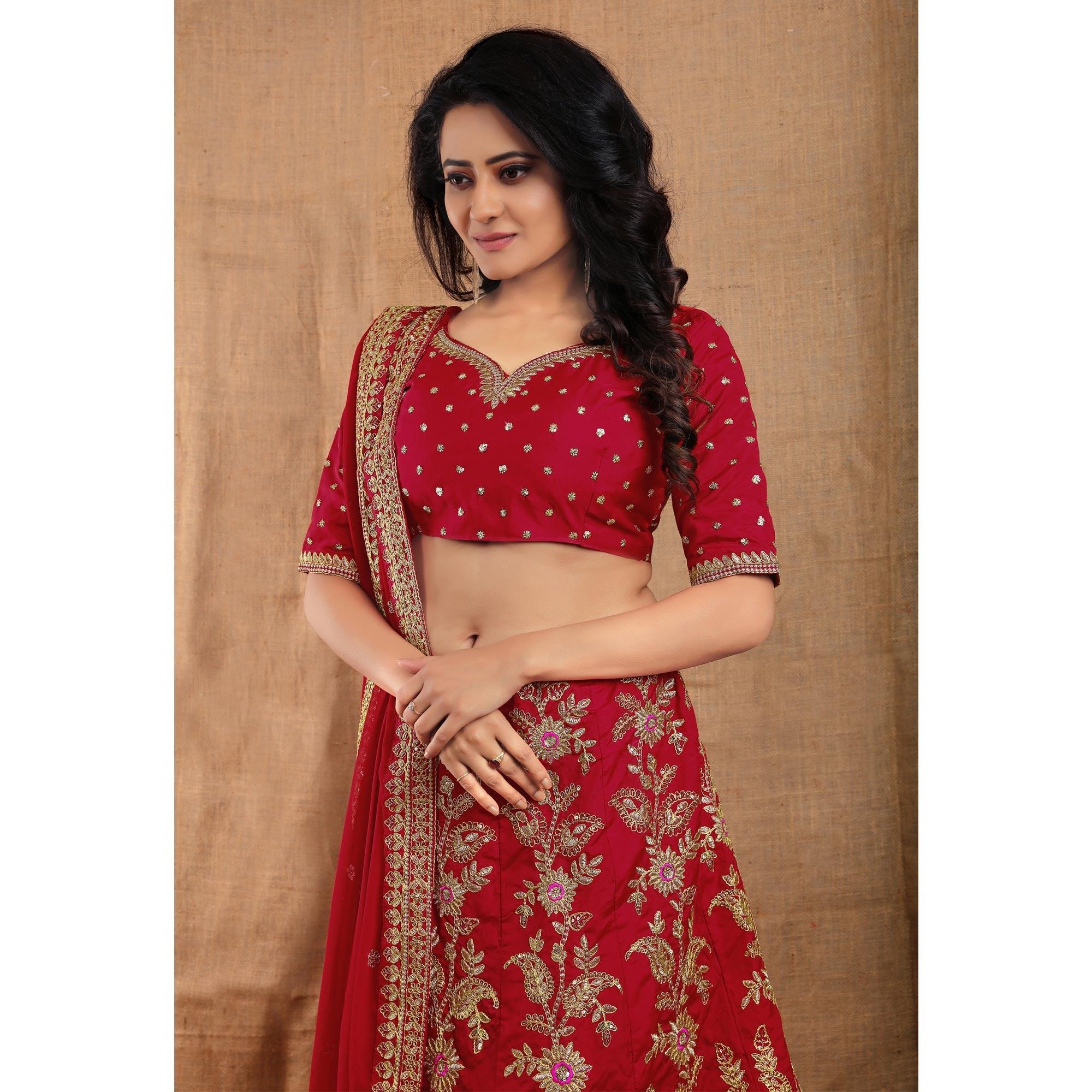 Red Party Wear Sequence Embroidered Tapetta Lehenga Choli - Peachmode