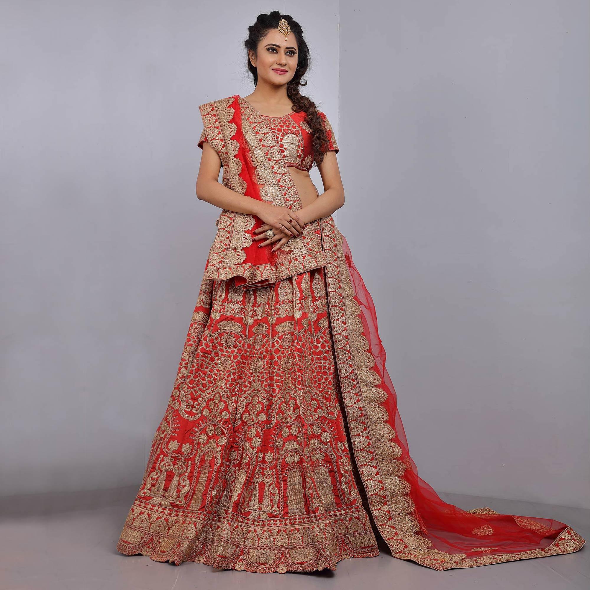 Red Party Wear Sequence Embroidered Tapetta Lehenga Choli - Peachmode