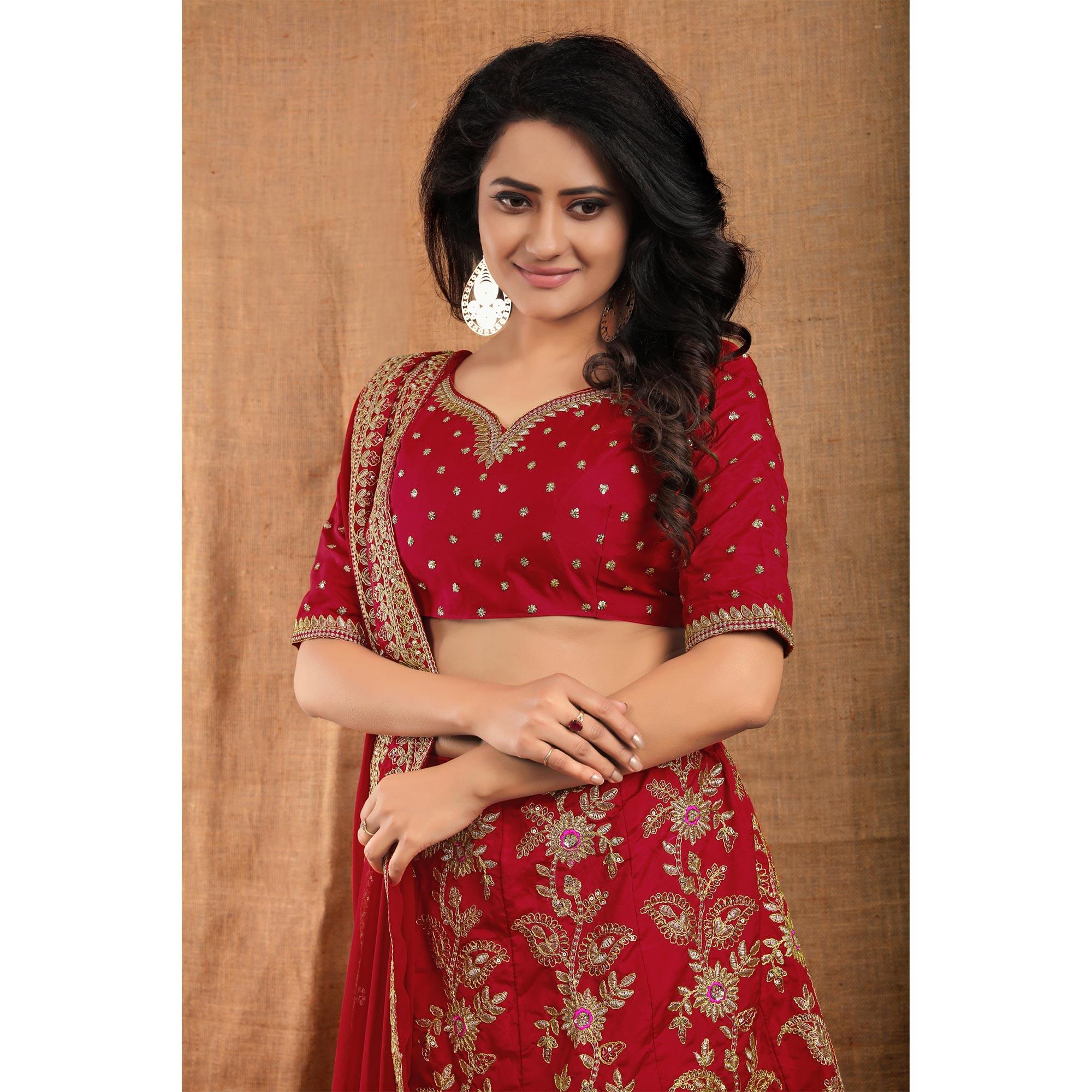Red Party Wear Sequence Embroidered Tapetta Lehenga Choli - Peachmode