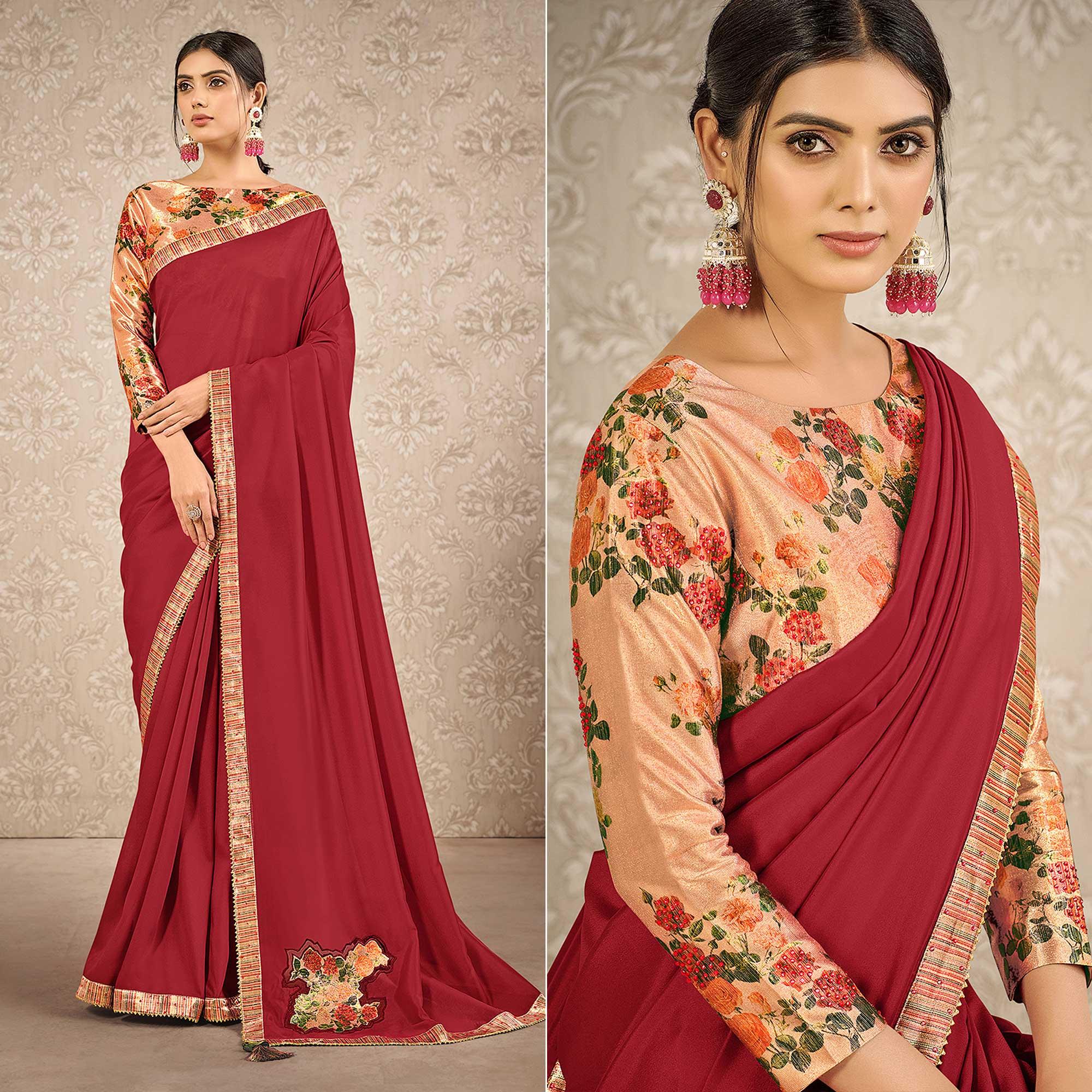 Red Partywear Appliqued With Floral Digital Printed Satin Saree - Peachmode