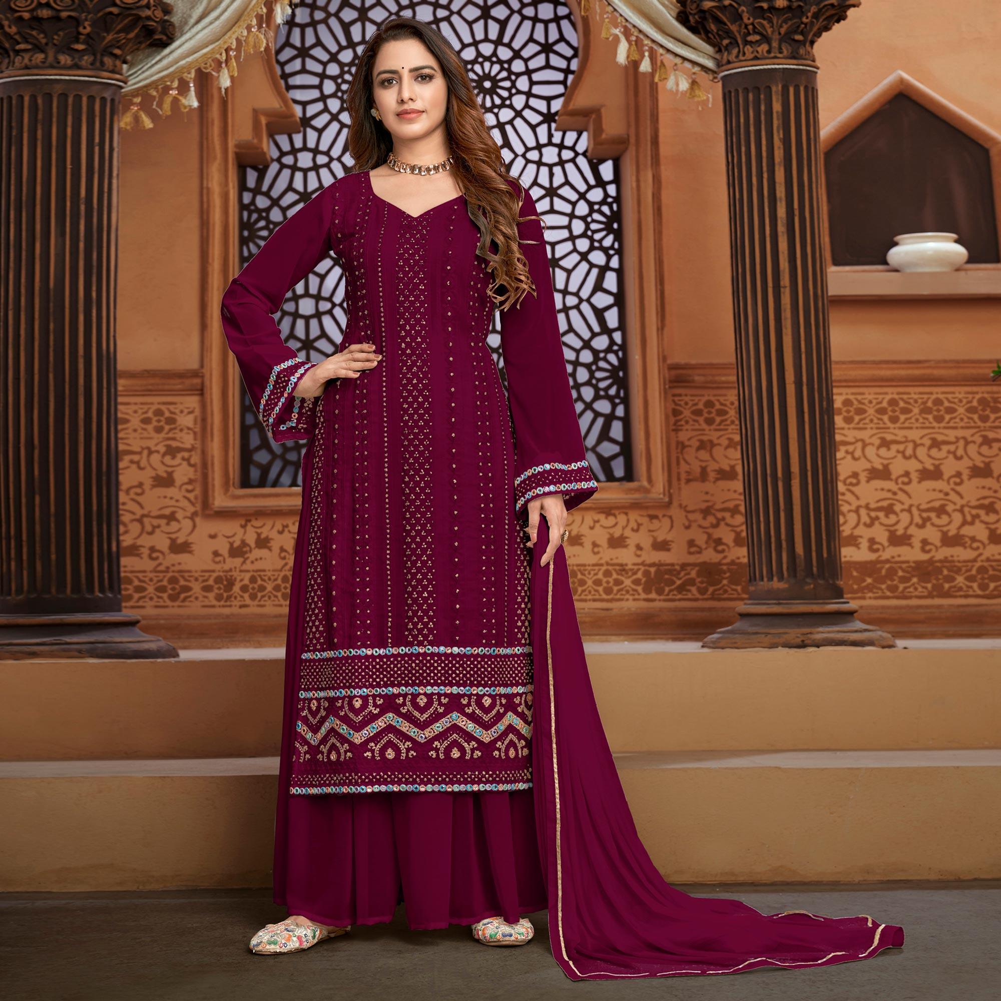 Red Partywear Designer Embroidered Heavy Faux Georgette Palazzo Suit - Peachmode