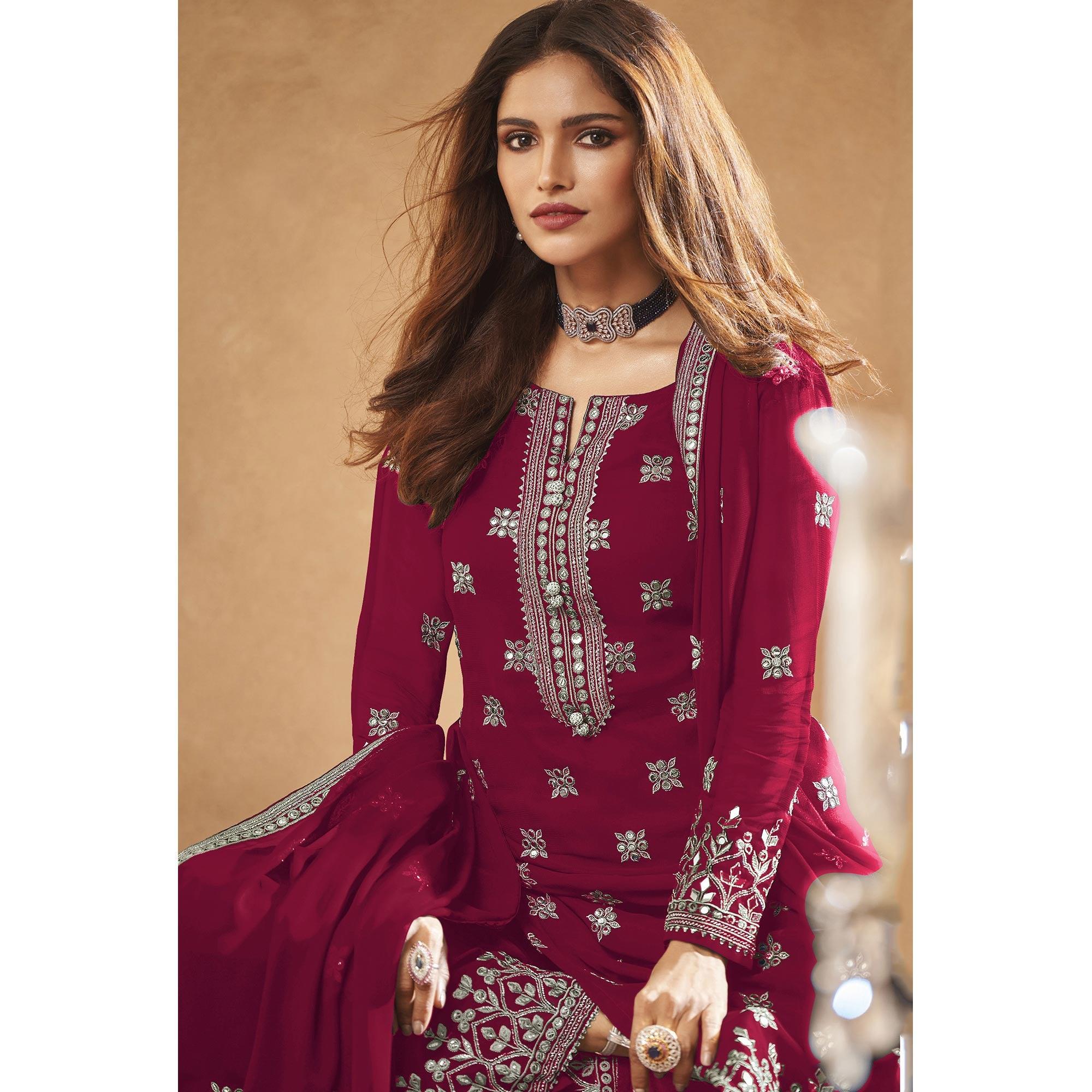 Red Partywear Designer Floral Embroidered Georgette Palazzo Suit - Peachmode
