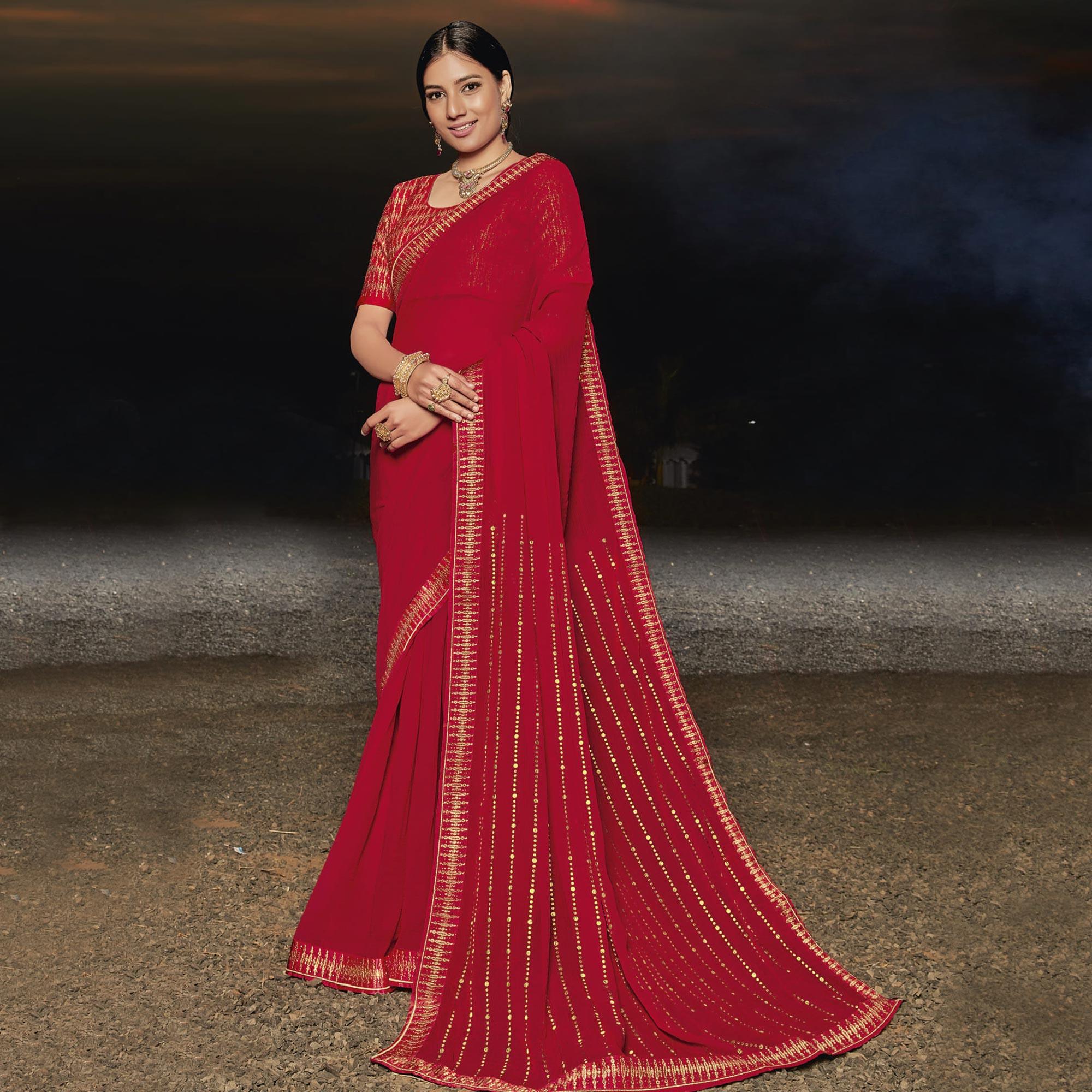 Red Partywear Embellished Chiffon Saree - Peachmode