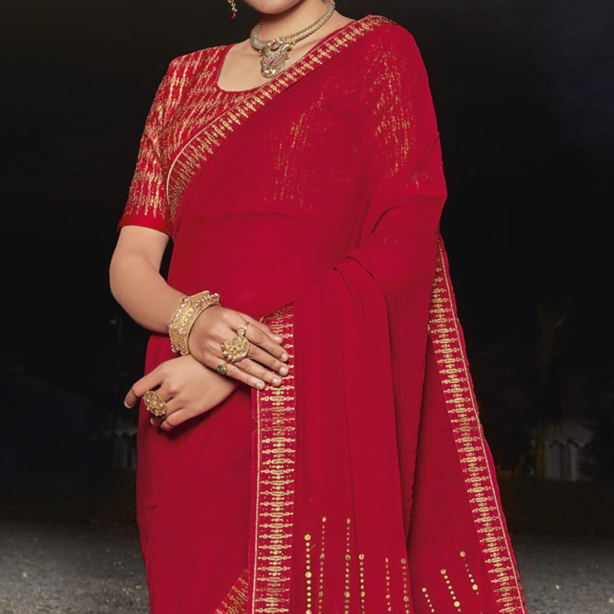 Red Partywear Embellished Chiffon Saree - Peachmode