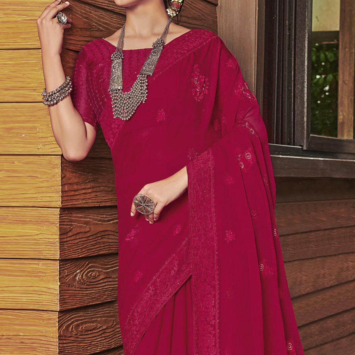 Red Partywear Embroidered Chiffon Saree - Peachmode