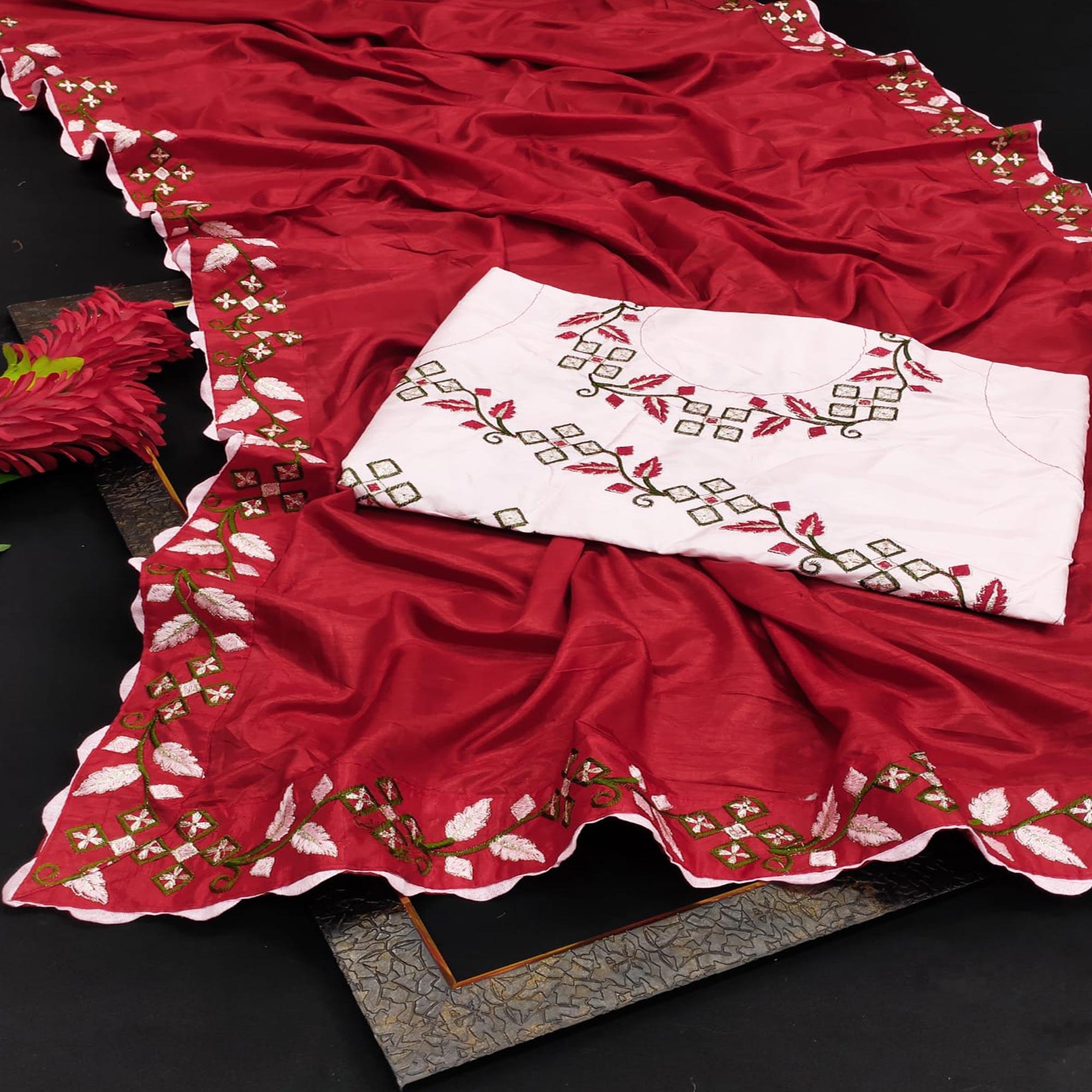 Red Partywear Embroidered Dola Silk Saree - Peachmode