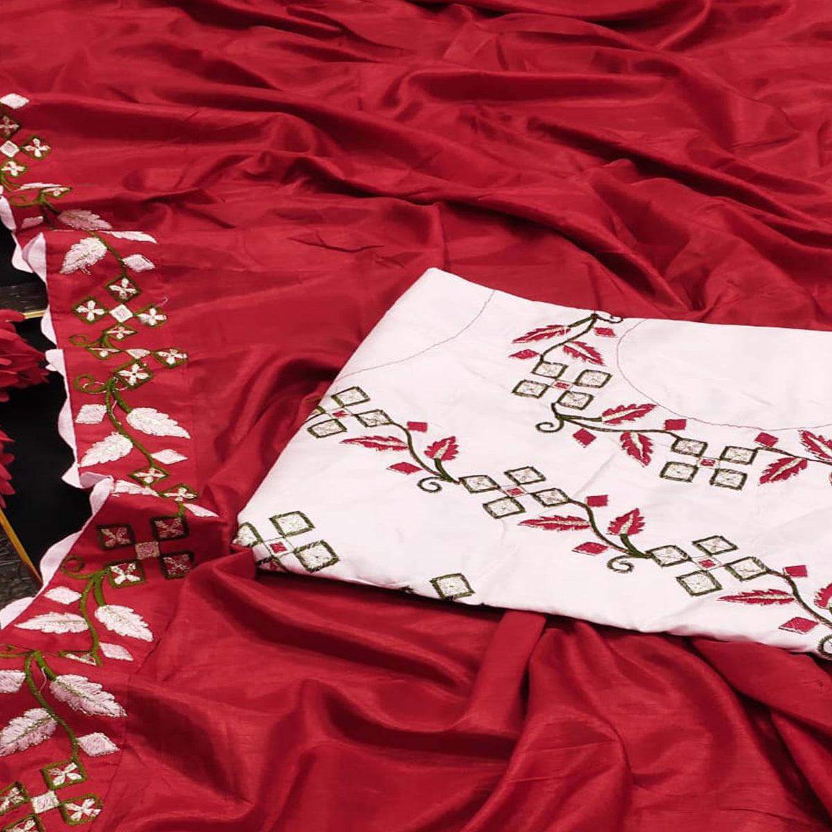 Red Partywear Embroidered Dola Silk Saree - Peachmode
