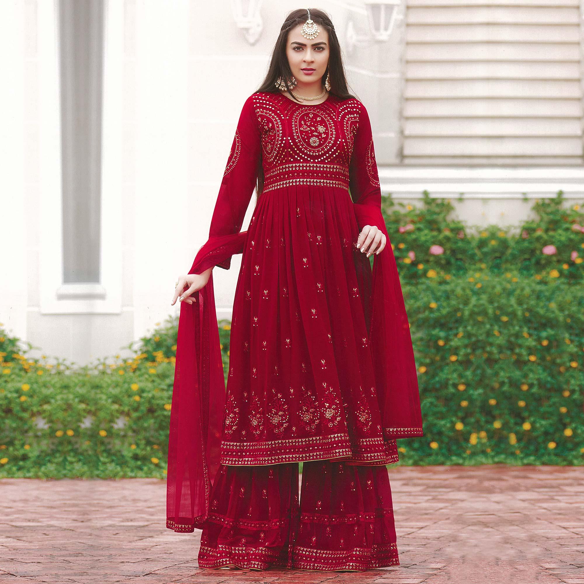 Red Partywear Embroidered Faux Georgette Salwar Suit - Peachmode