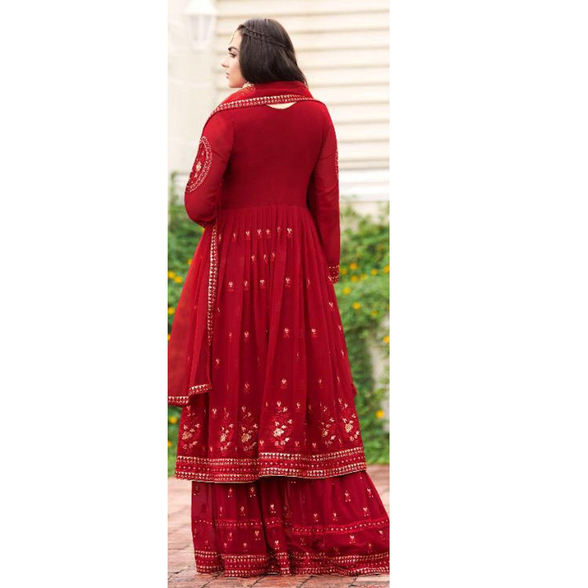 Red Partywear Embroidered Faux Georgette Salwar Suit - Peachmode