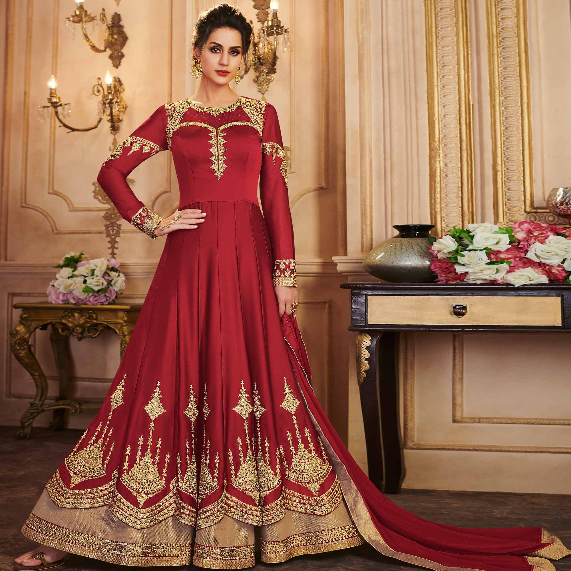 Red Partywear Embroidered Georgette Anarkali Suit - Peachmode