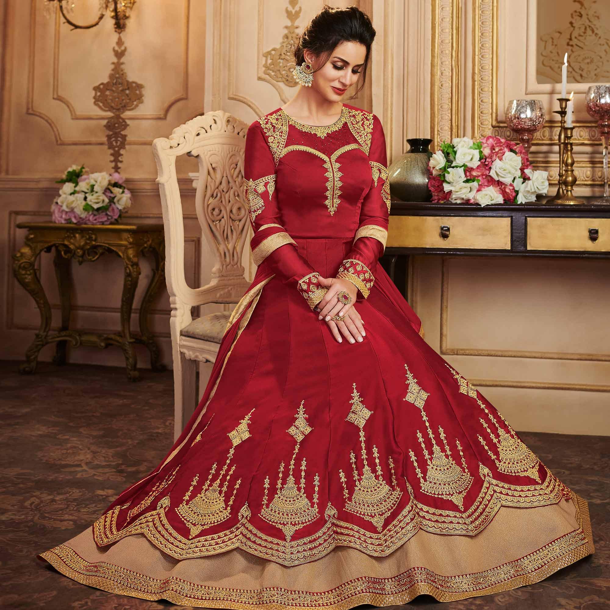 Red Partywear Embroidered Georgette Anarkali Suit - Peachmode