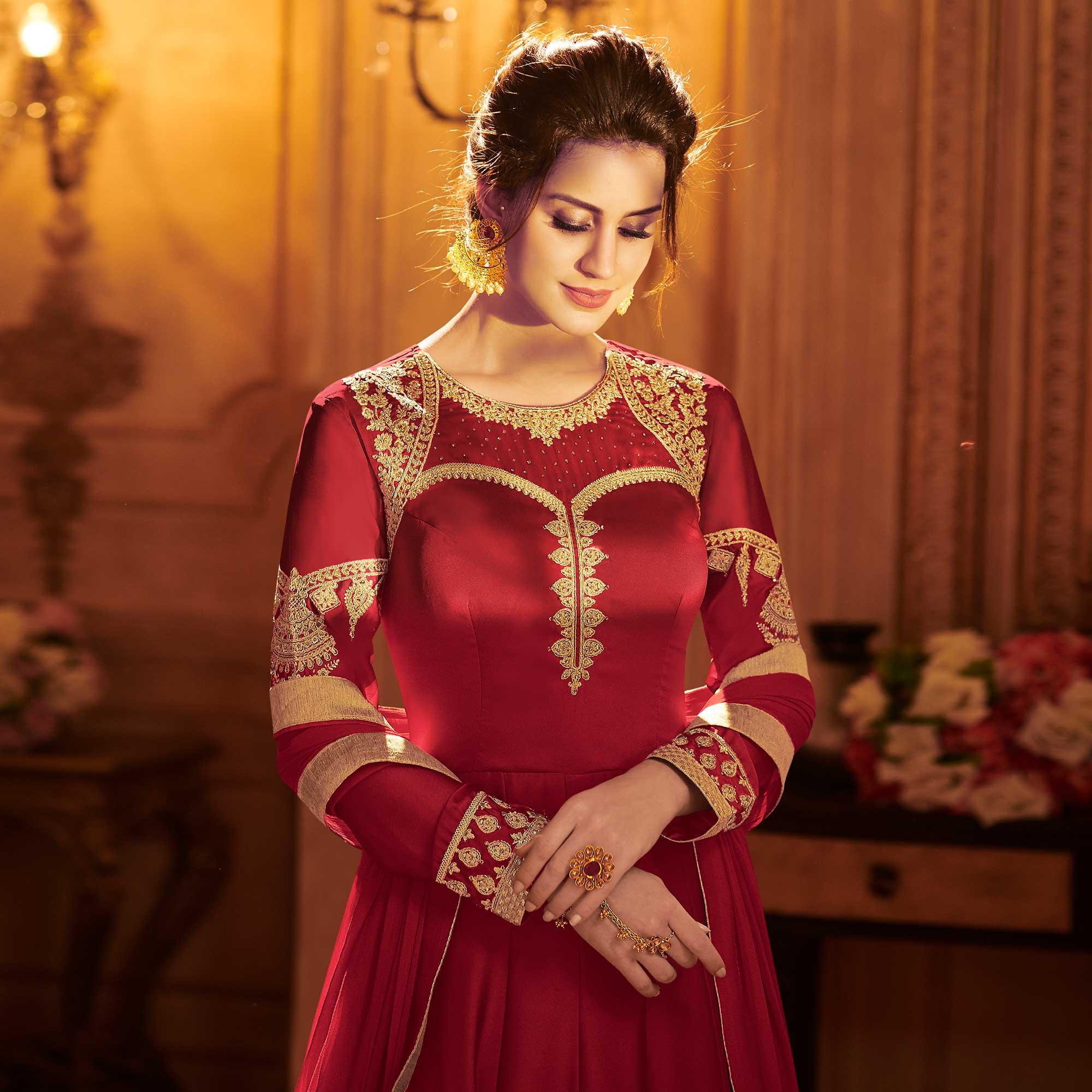 Red Partywear Embroidered Georgette Anarkali Suit - Peachmode