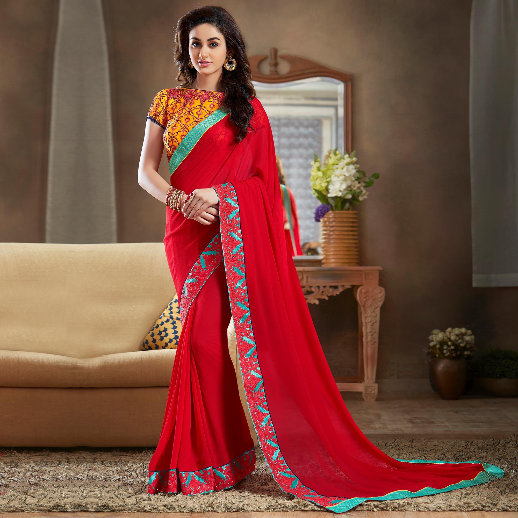 Red Partywear Embroidered Georgette Saree - Peachmode