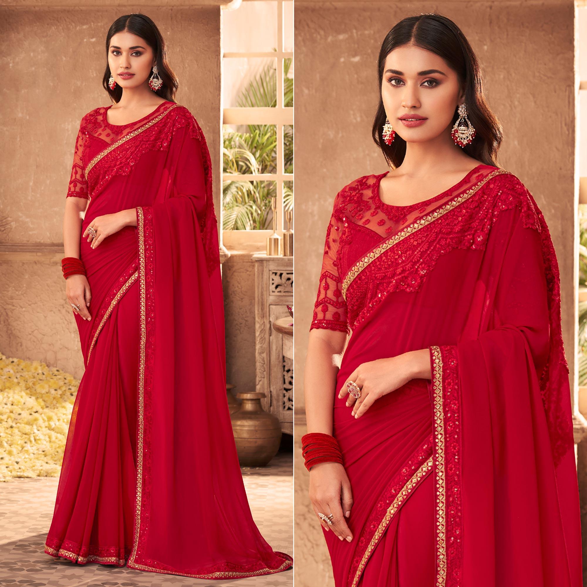 Red Partywear Embroidered Georgette Saree - Peachmode