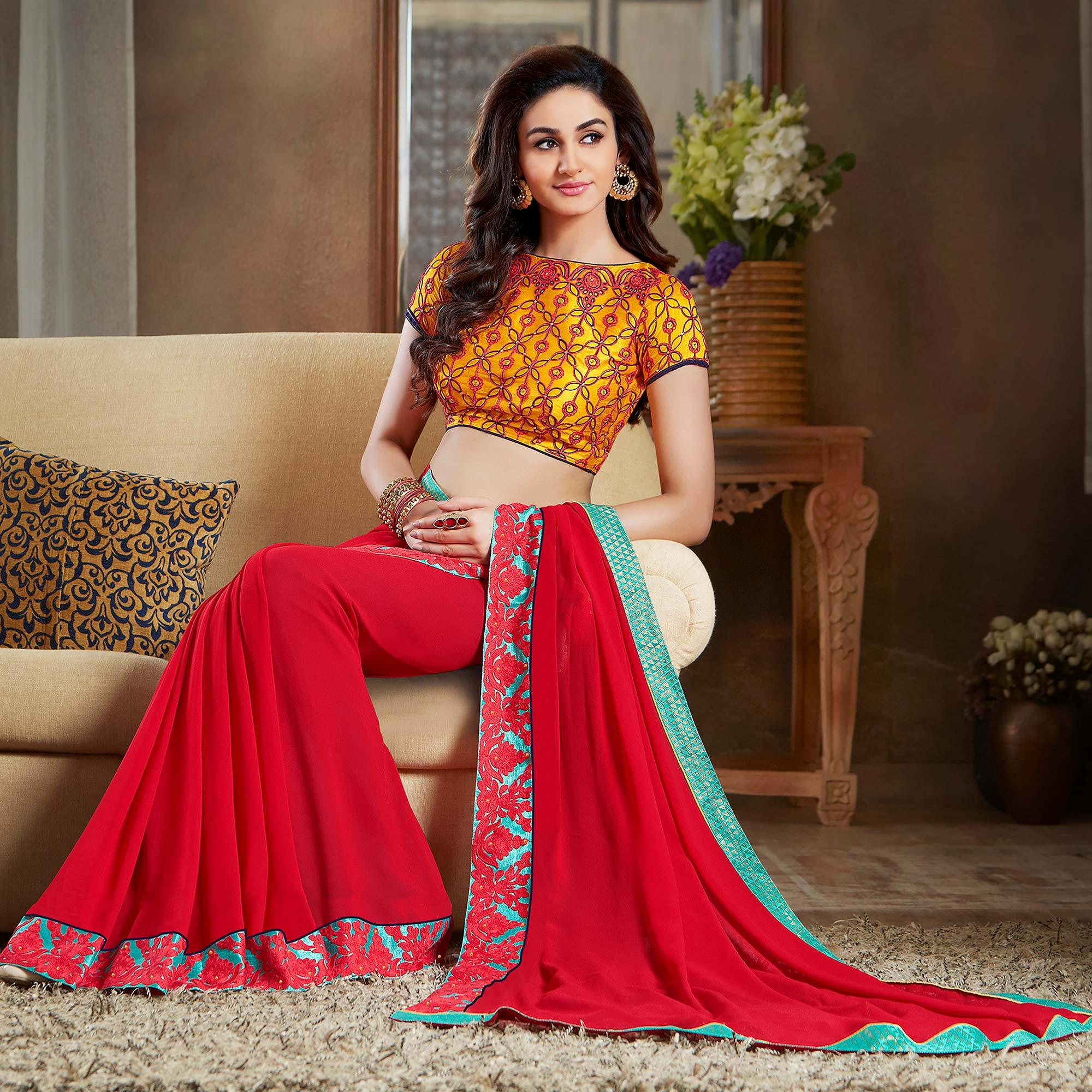 Red Partywear Embroidered Georgette Saree - Peachmode