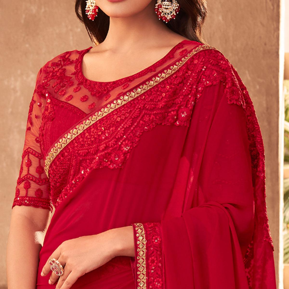 Red Partywear Embroidered Georgette Saree - Peachmode