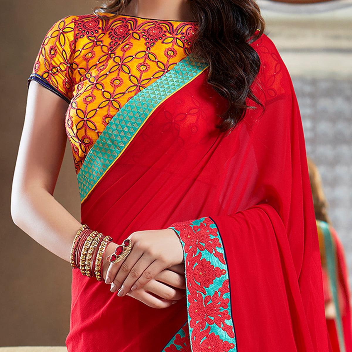 Red Partywear Embroidered Georgette Saree - Peachmode