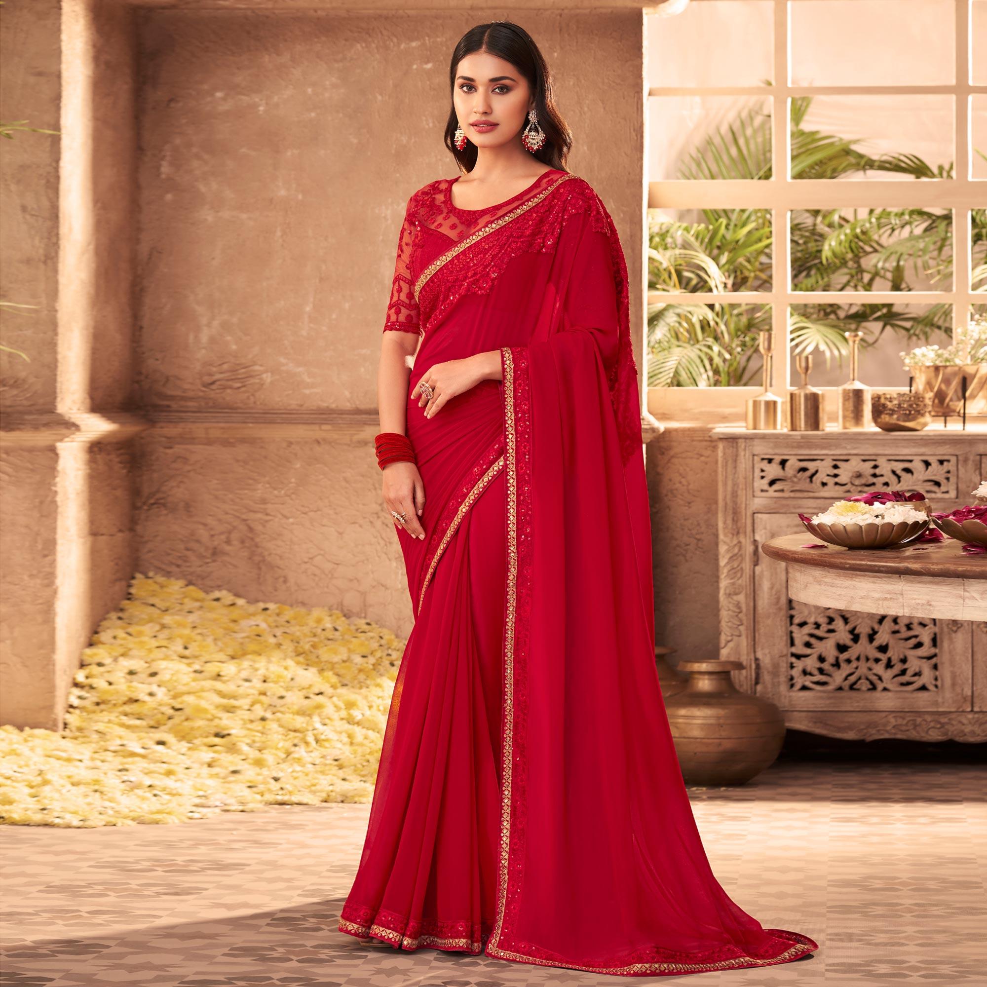 Red Partywear Embroidered Georgette Saree - Peachmode