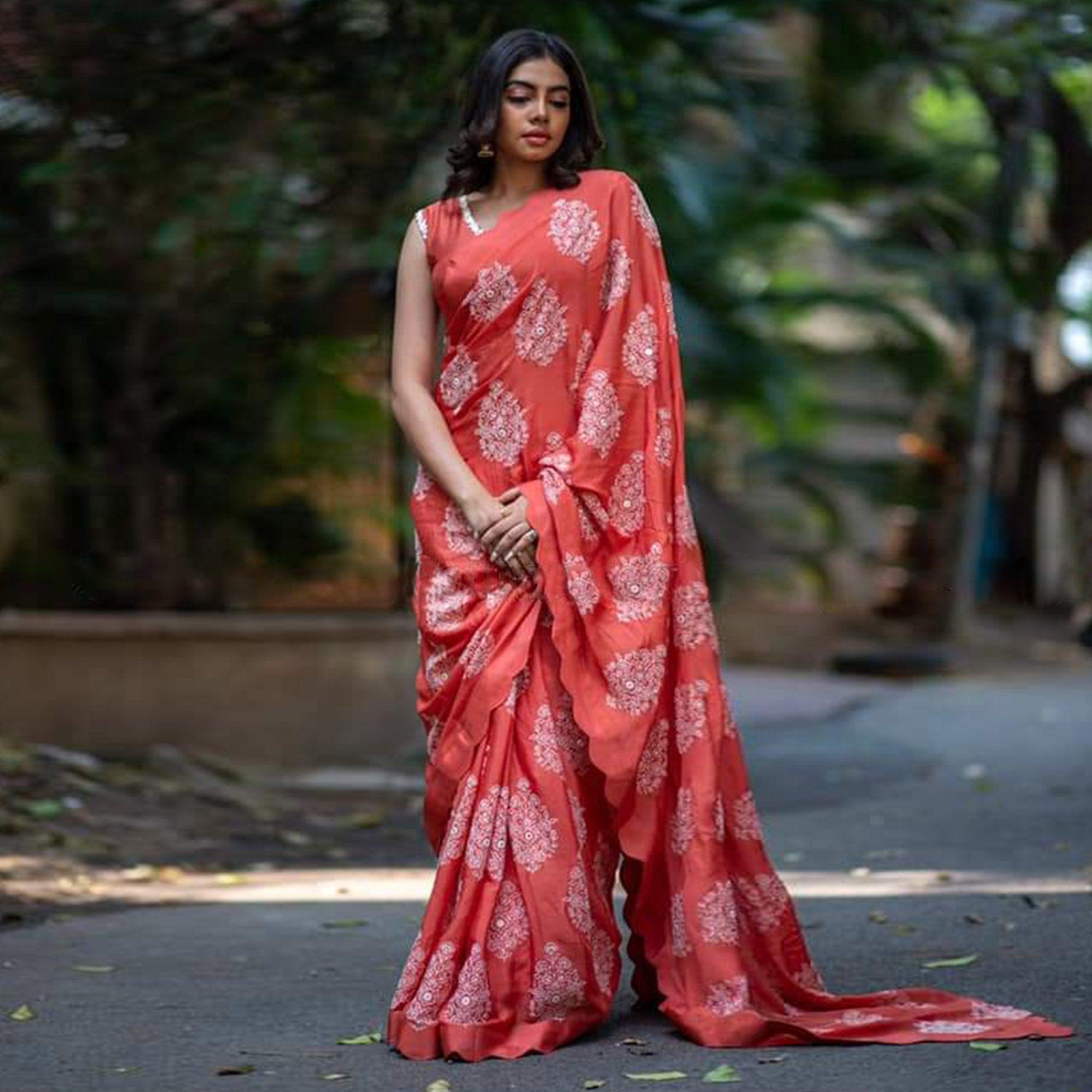 Red Partywear Embroidered Georgette Saree With Cut Less - Peachmode