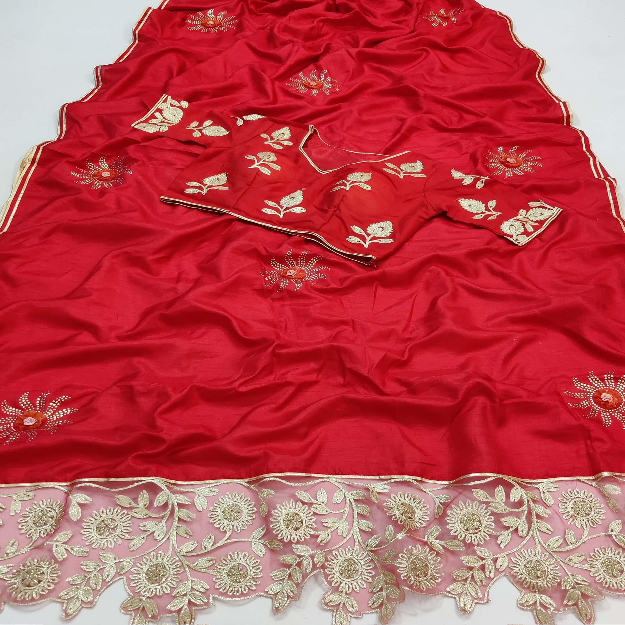 Red Partywear Embroidered Heavy Dola Silk Saree - Peachmode