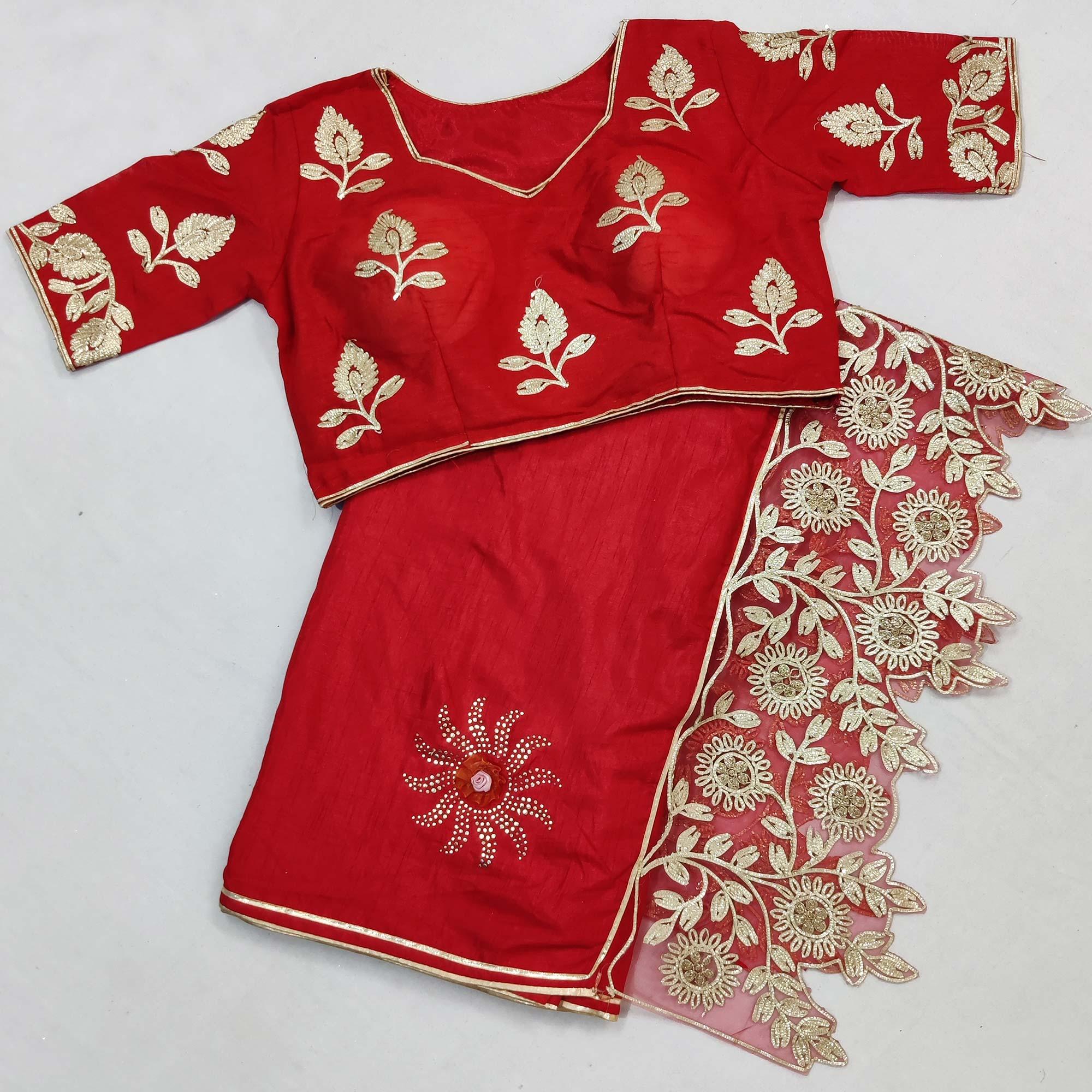 Red Partywear Embroidered Heavy Dola Silk Saree - Peachmode