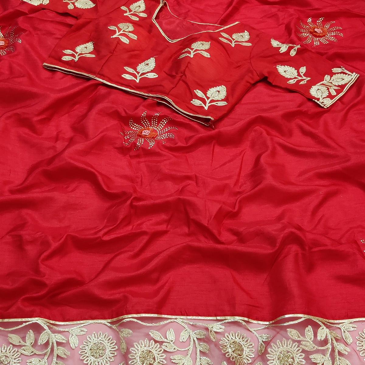 Red Partywear Embroidered Heavy Dola Silk Saree - Peachmode