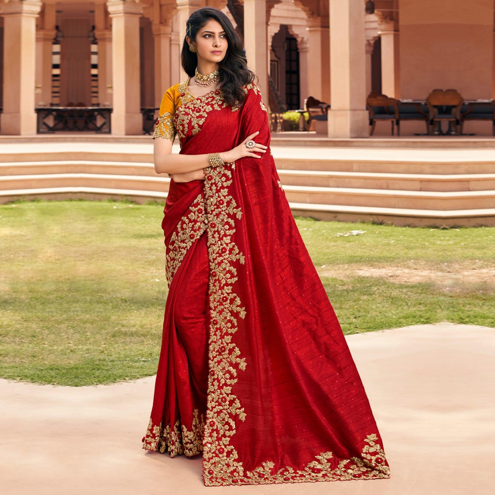 Red Partywear Embroidered Silk Saree
