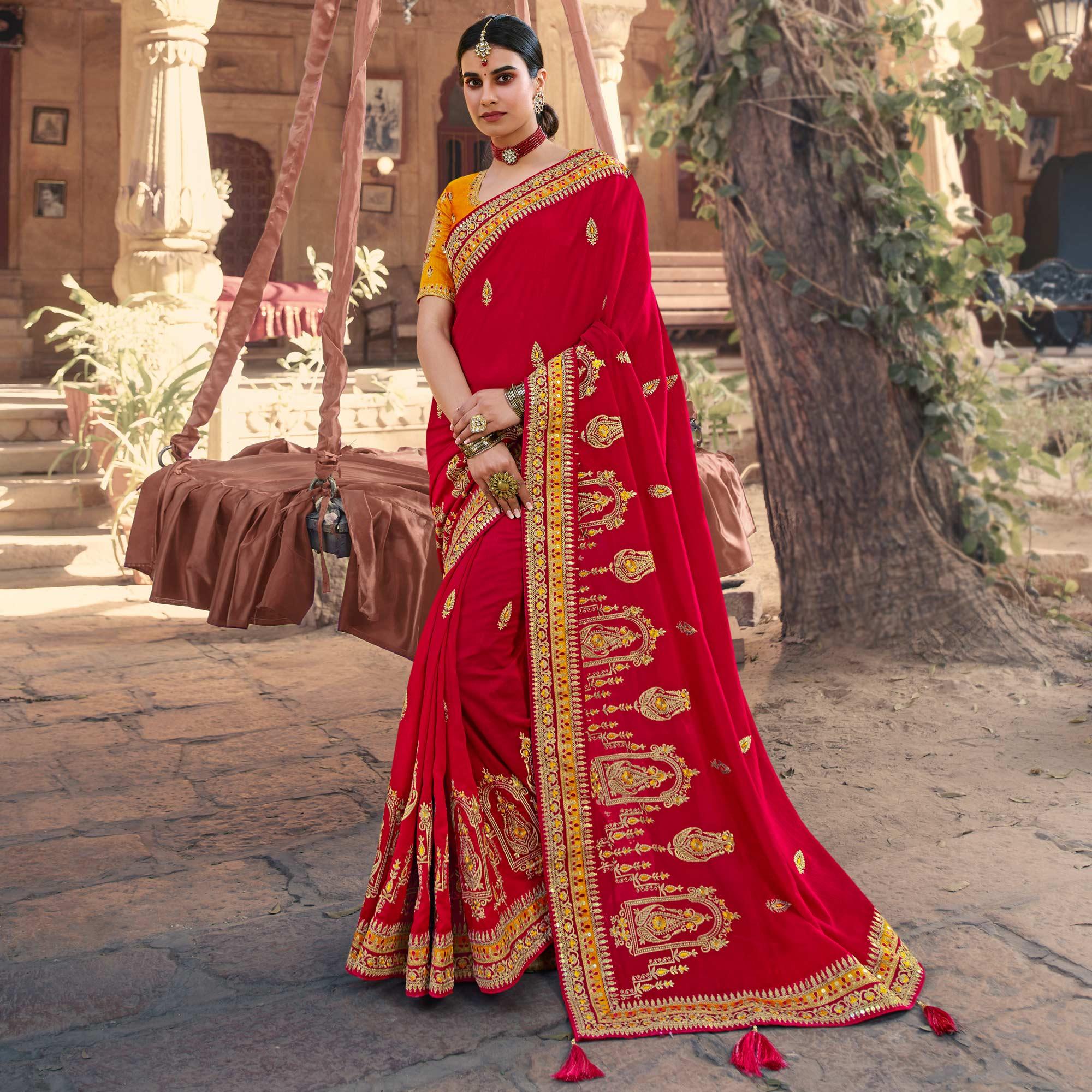 Red Partywear Embroidered Silk Saree - Peachmode