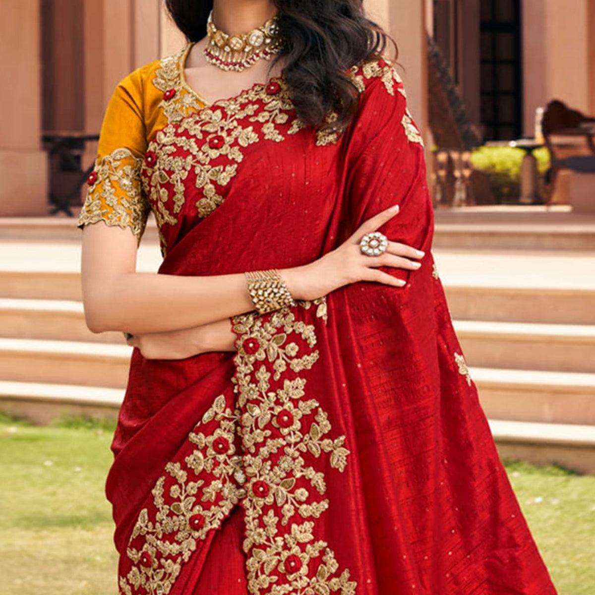 Red Partywear Embroidered Silk Saree - Peachmode