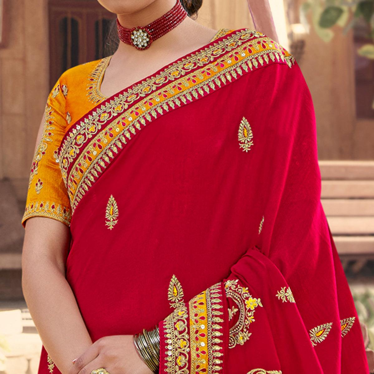 Red Partywear Embroidered Silk Saree - Peachmode