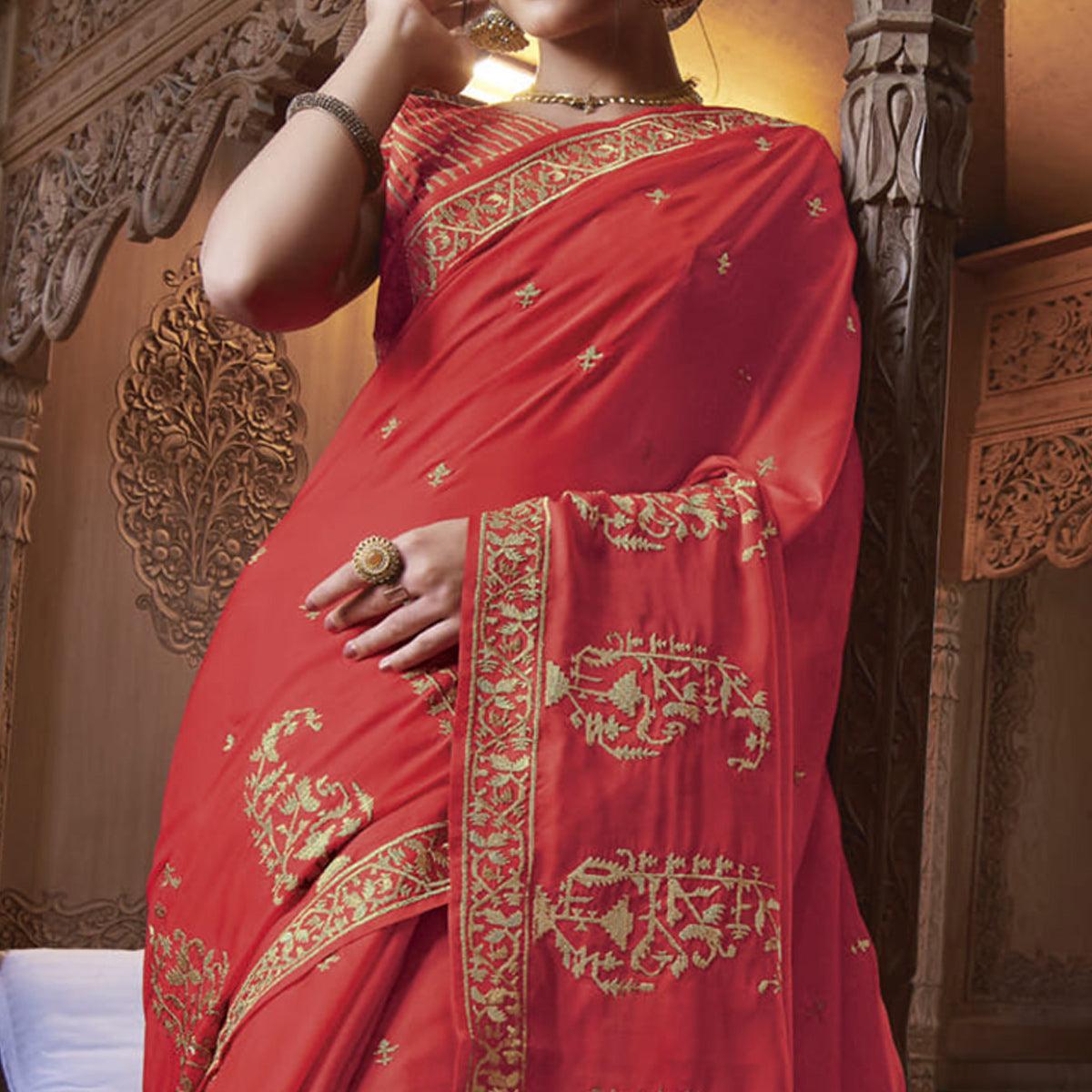 Red Partywear Embroidered Silk Saree - Peachmode