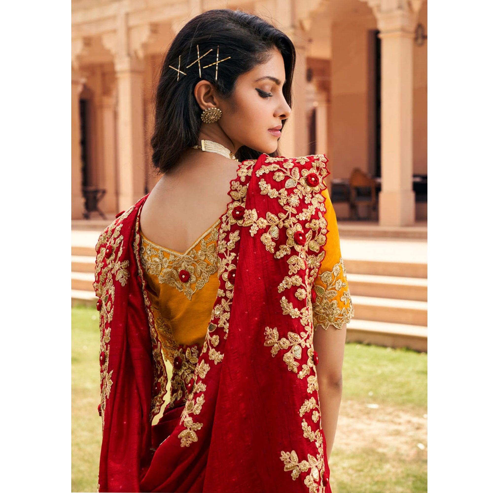 Red Partywear Embroidered Silk Saree - Peachmode