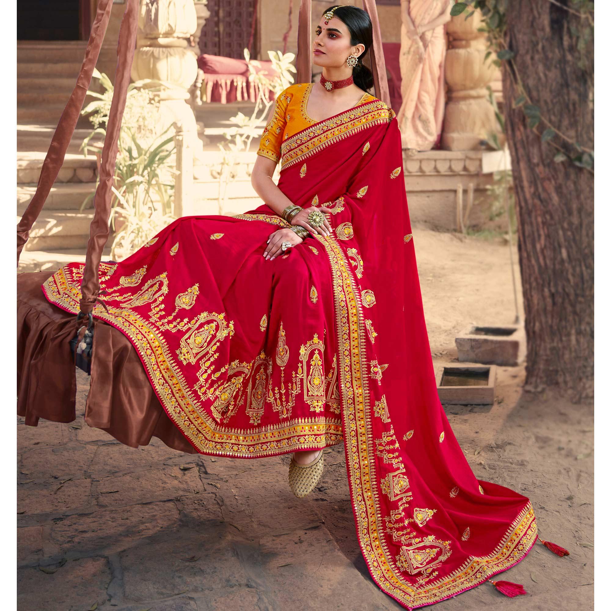 Red Partywear Embroidered Silk Saree - Peachmode