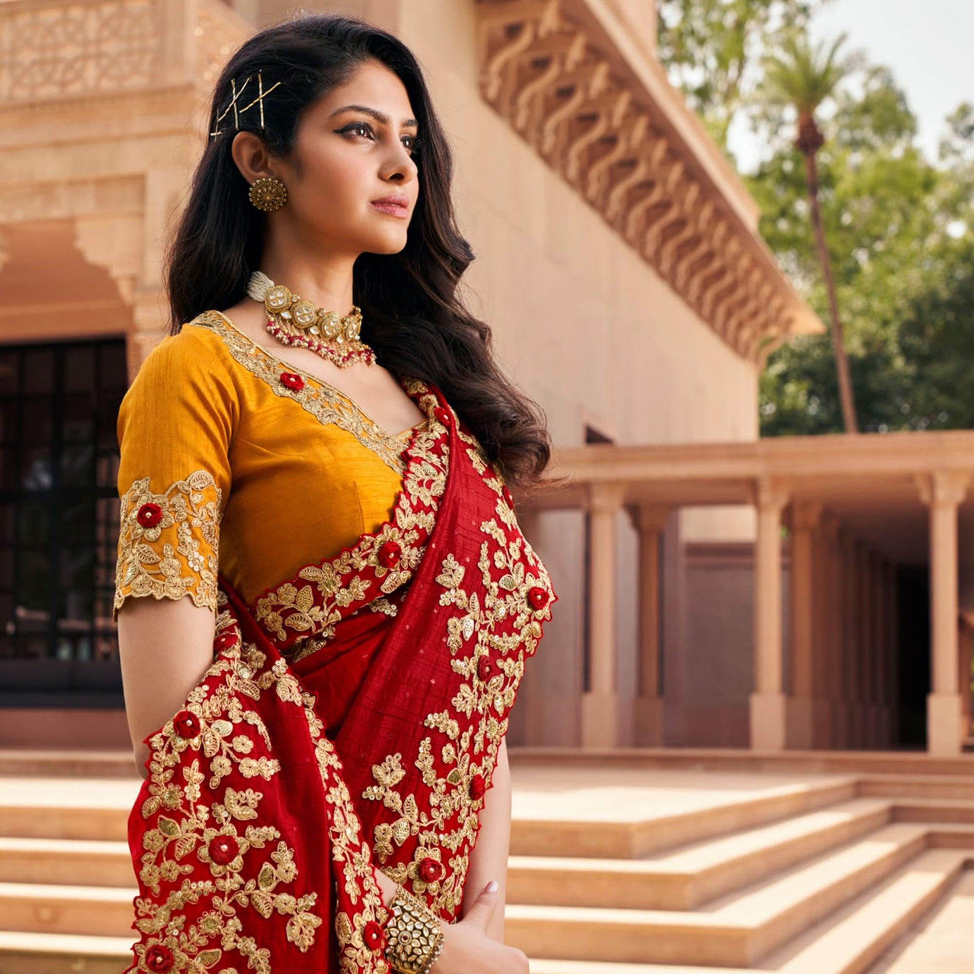 Red Partywear Embroidered Silk Saree - Peachmode