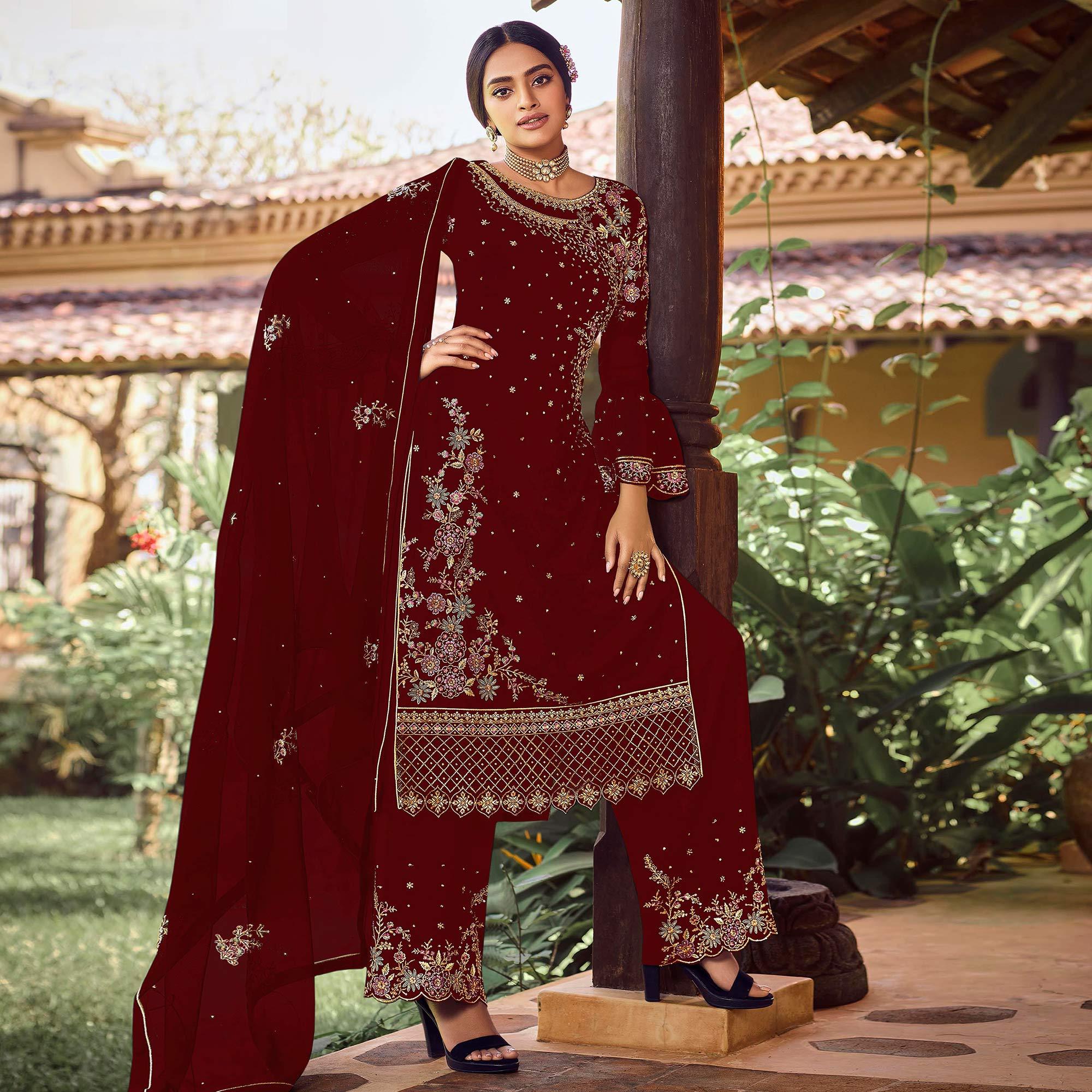 Red Partywear Embroidered Straight Cut Heavy Faux Georgette Palazzo Suit - Peachmode