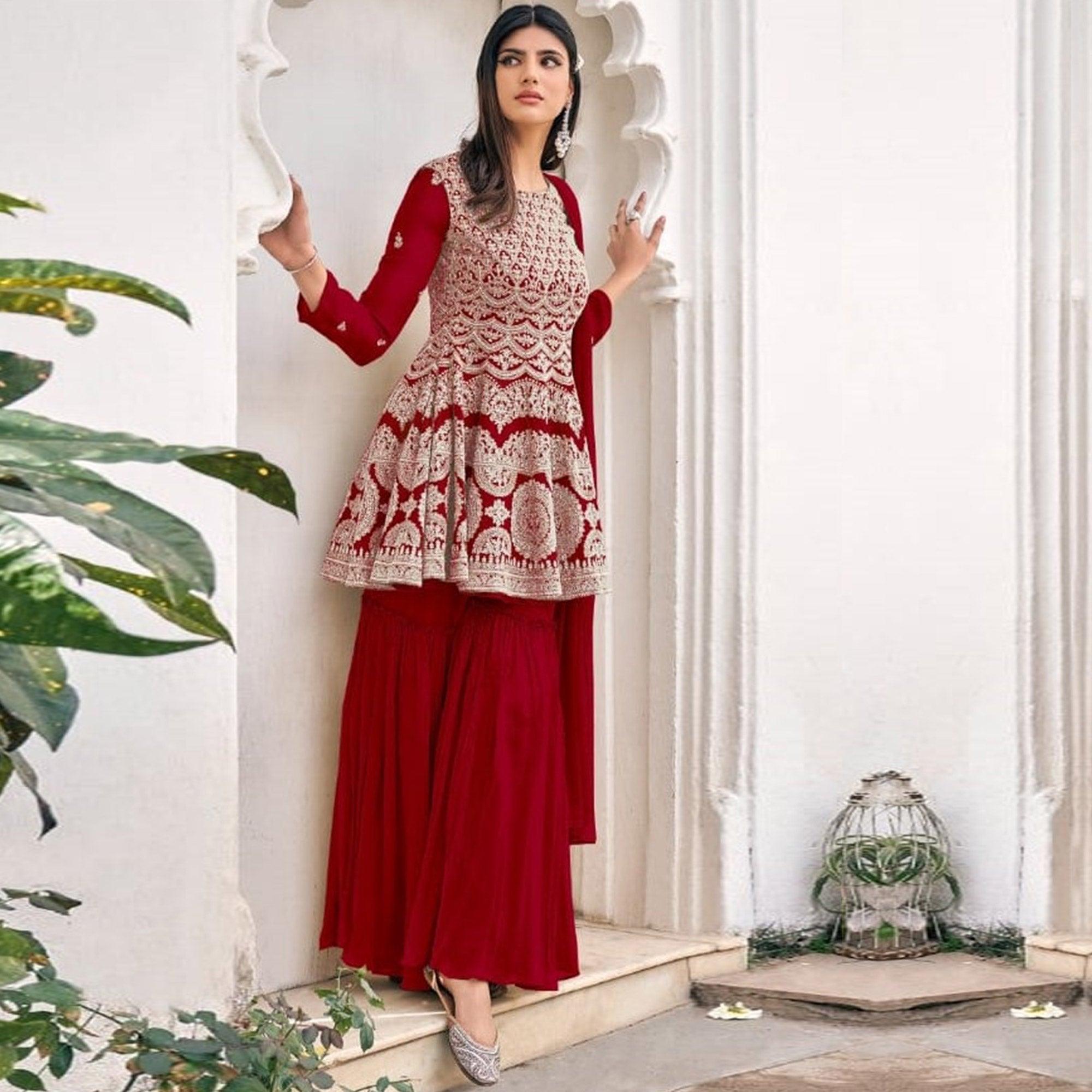 Red Partywear Embroidered Viscose Georgette Sharara Suit - Peachmode