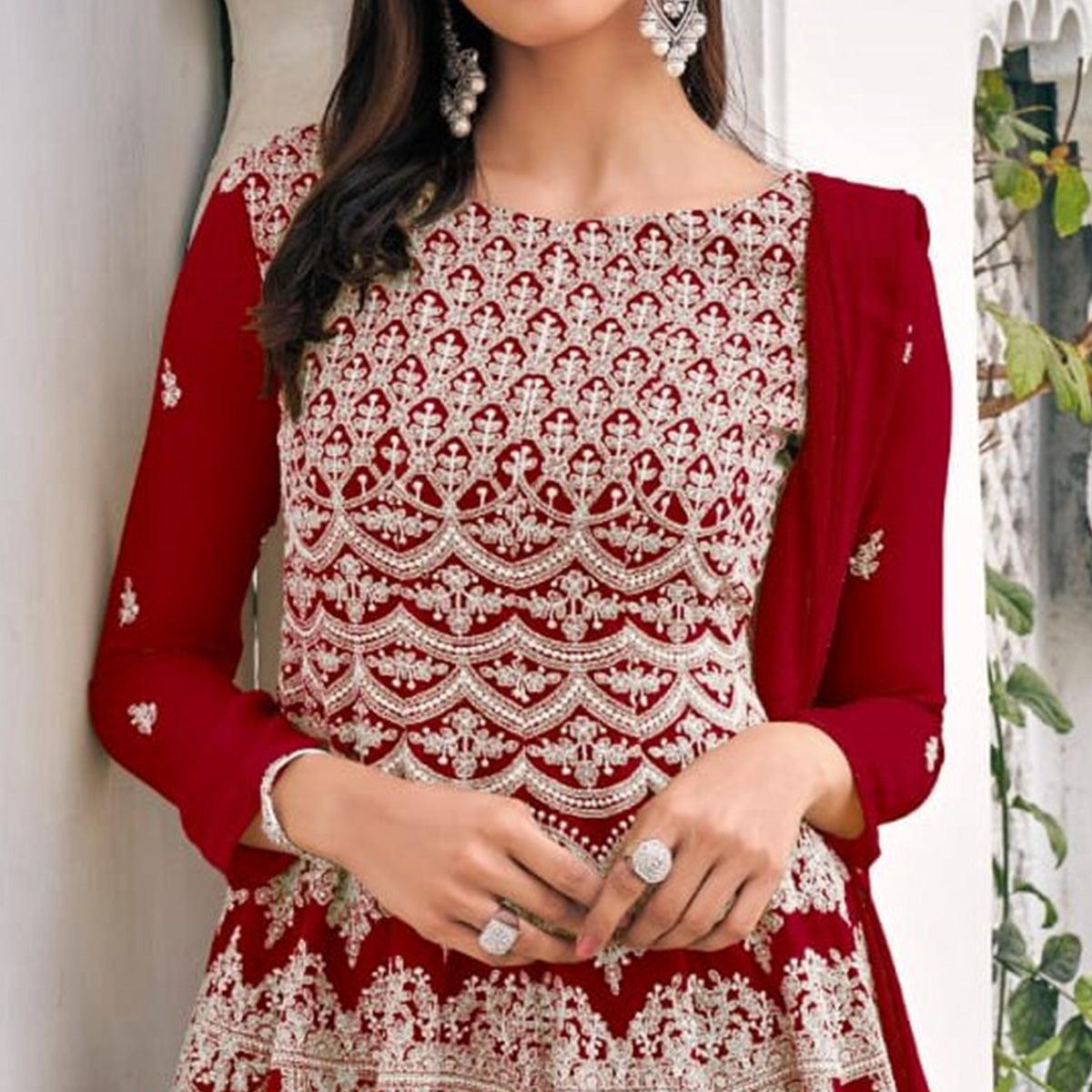 Red Partywear Embroidered Viscose Georgette Sharara Suit - Peachmode