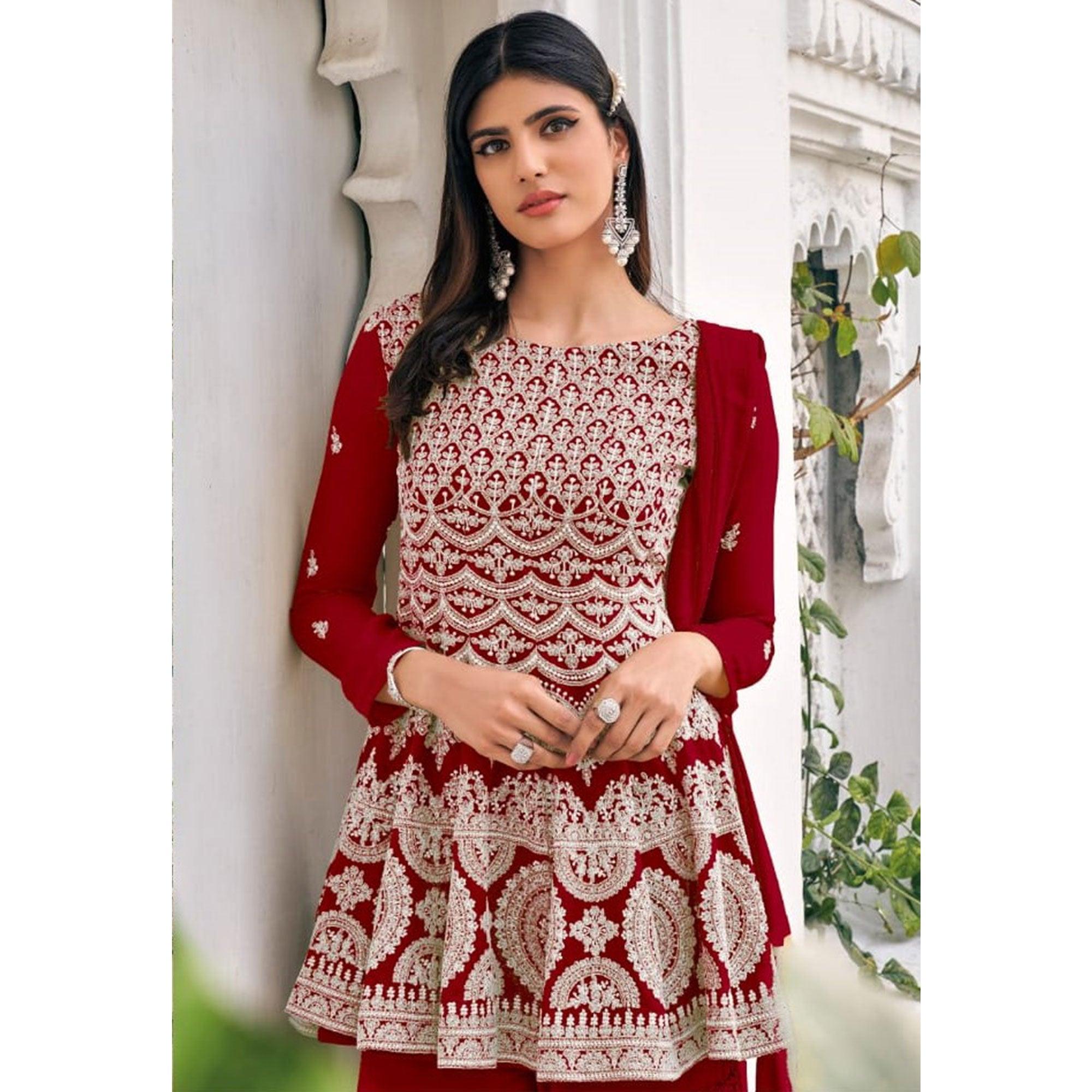 Red Partywear Embroidered Viscose Georgette Sharara Suit - Peachmode