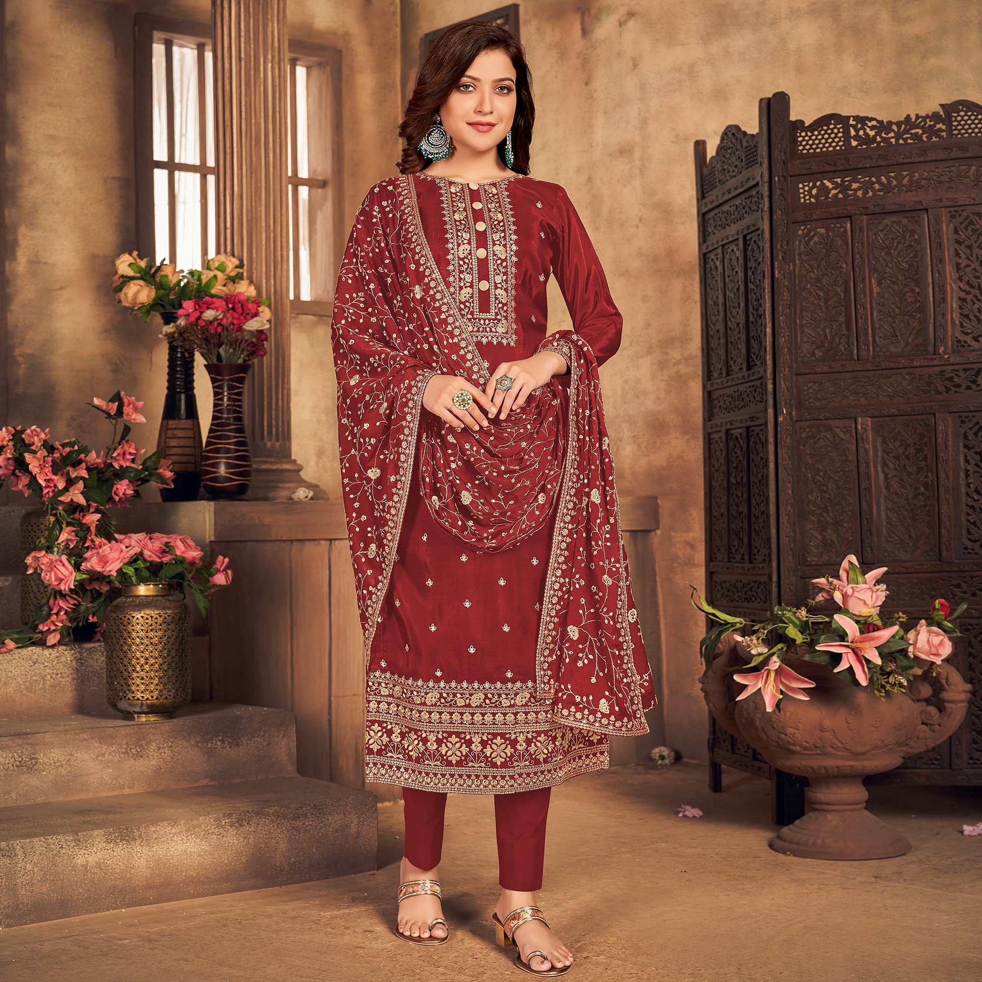 Red Partywear  Embroidered Viscose Upada Salwar Suit - Peachmode