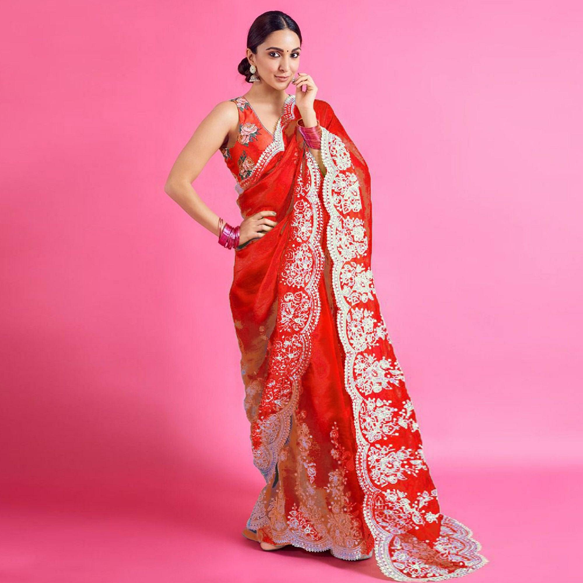 Red Partywear Floral Embroidered Organza Saree - Peachmode