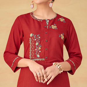 Red Partywear Floral Embroidered Rayon Kurti Palazzo Set - Peachmode