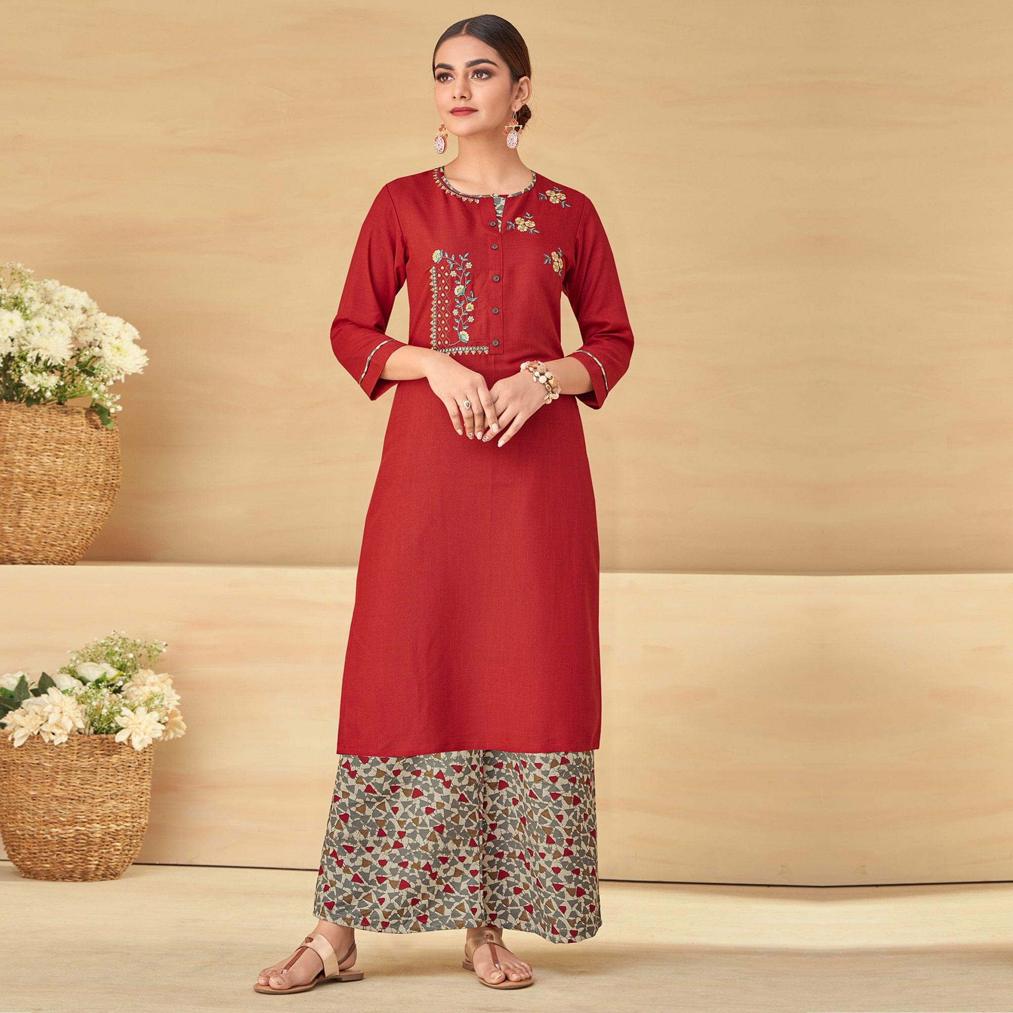 Red Partywear Floral Embroidered Rayon Kurti Palazzo Set - Peachmode