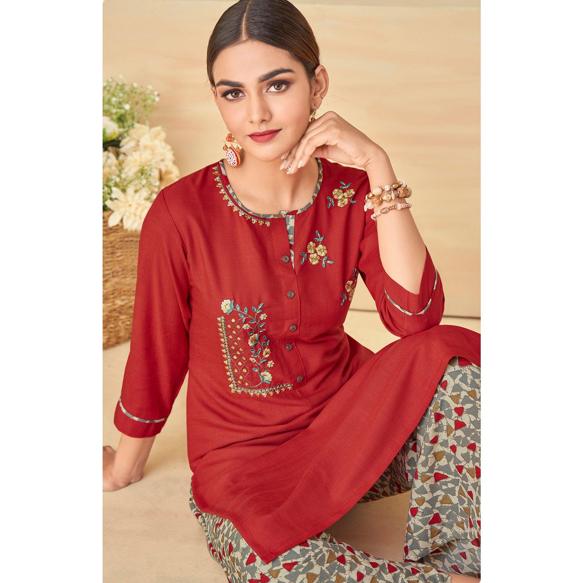 Red Partywear Floral Embroidered Rayon Kurti Palazzo Set - Peachmode