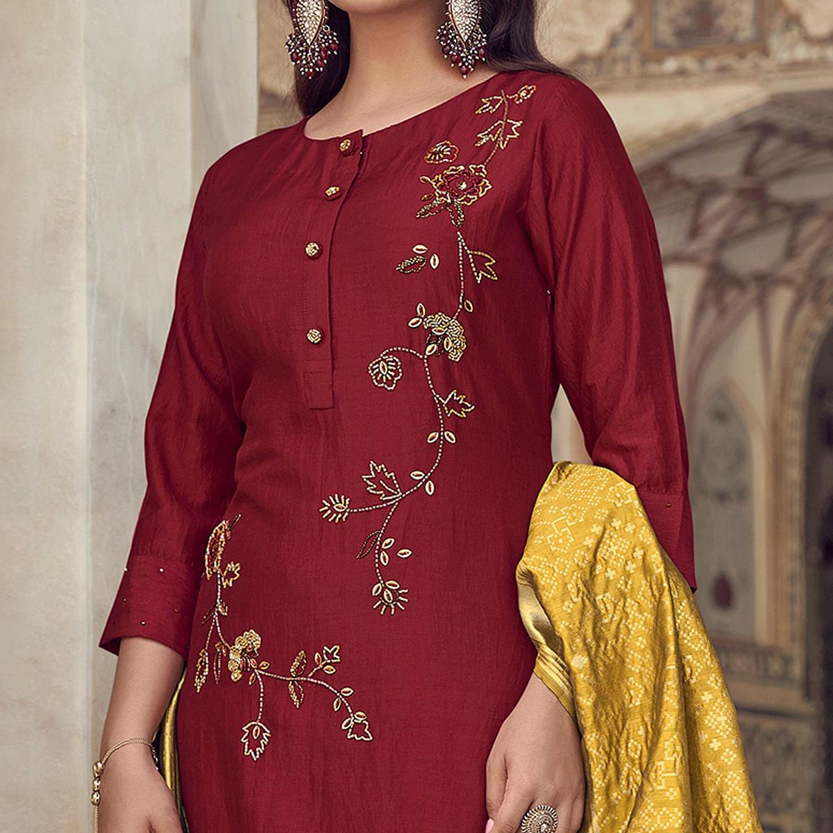 Red Partywear Floral Embroidered Silk Suit - Peachmode