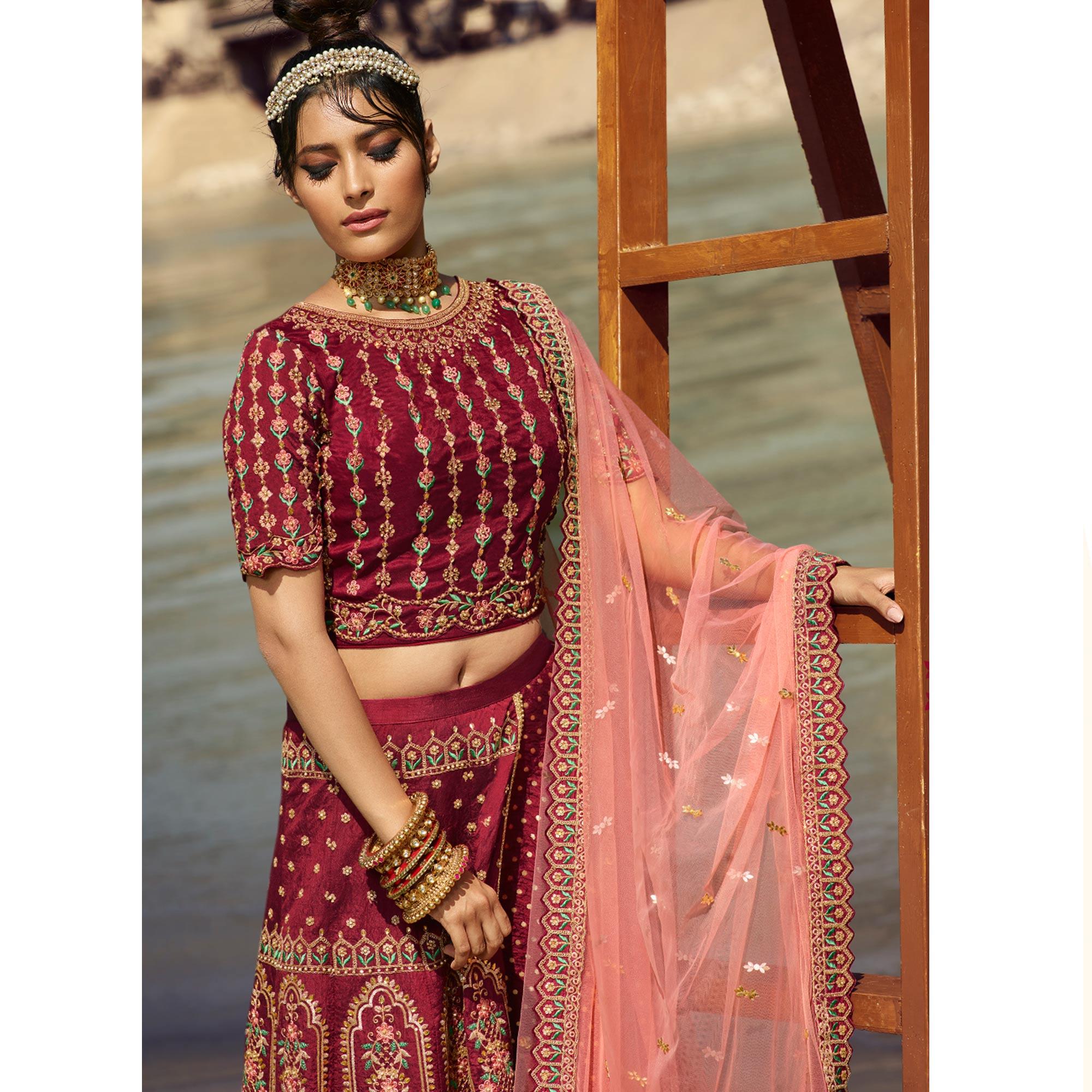 Red Partywear Floral Heavy Embroidered Pure Silk Lehenga Choli - Peachmode