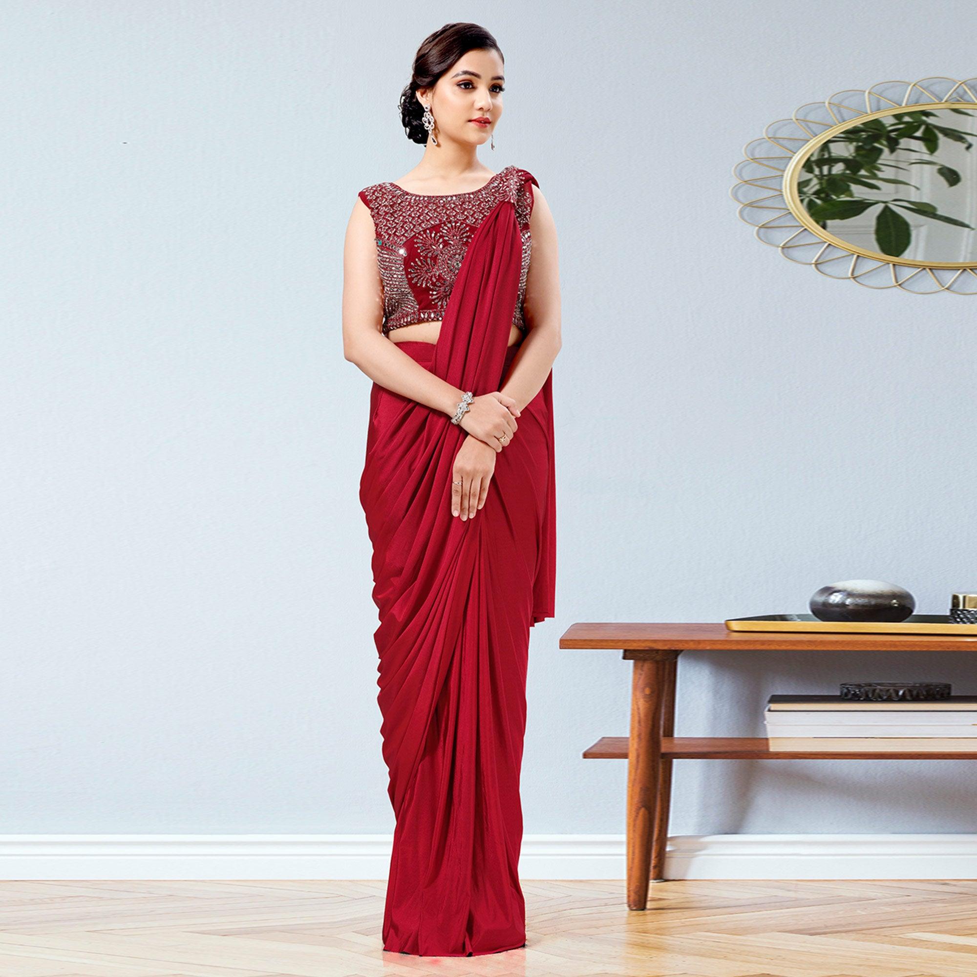 Red Partywear Frill & Sequence Art Silk Saree - Peachmode