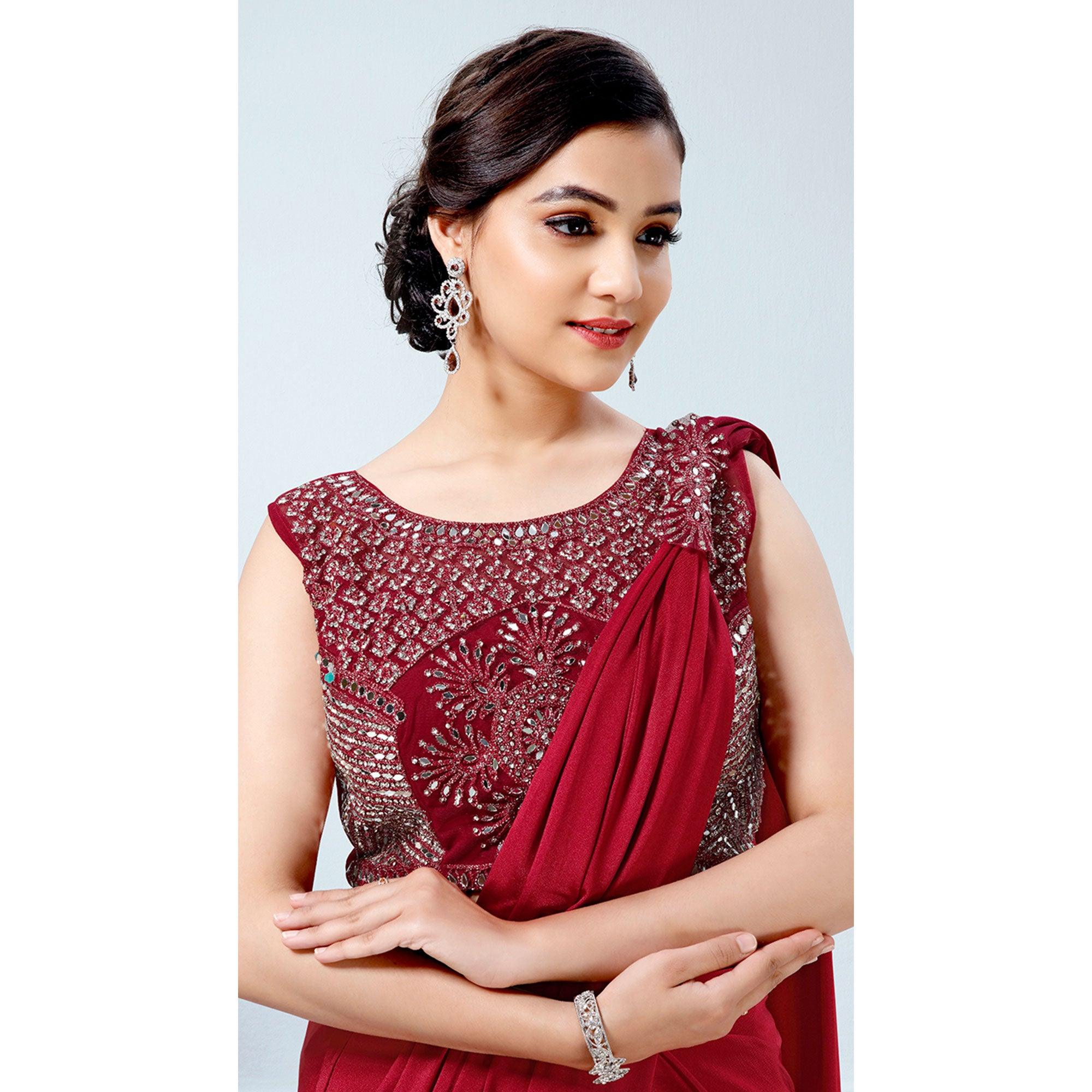 Red Partywear Frill & Sequence Art Silk Saree - Peachmode