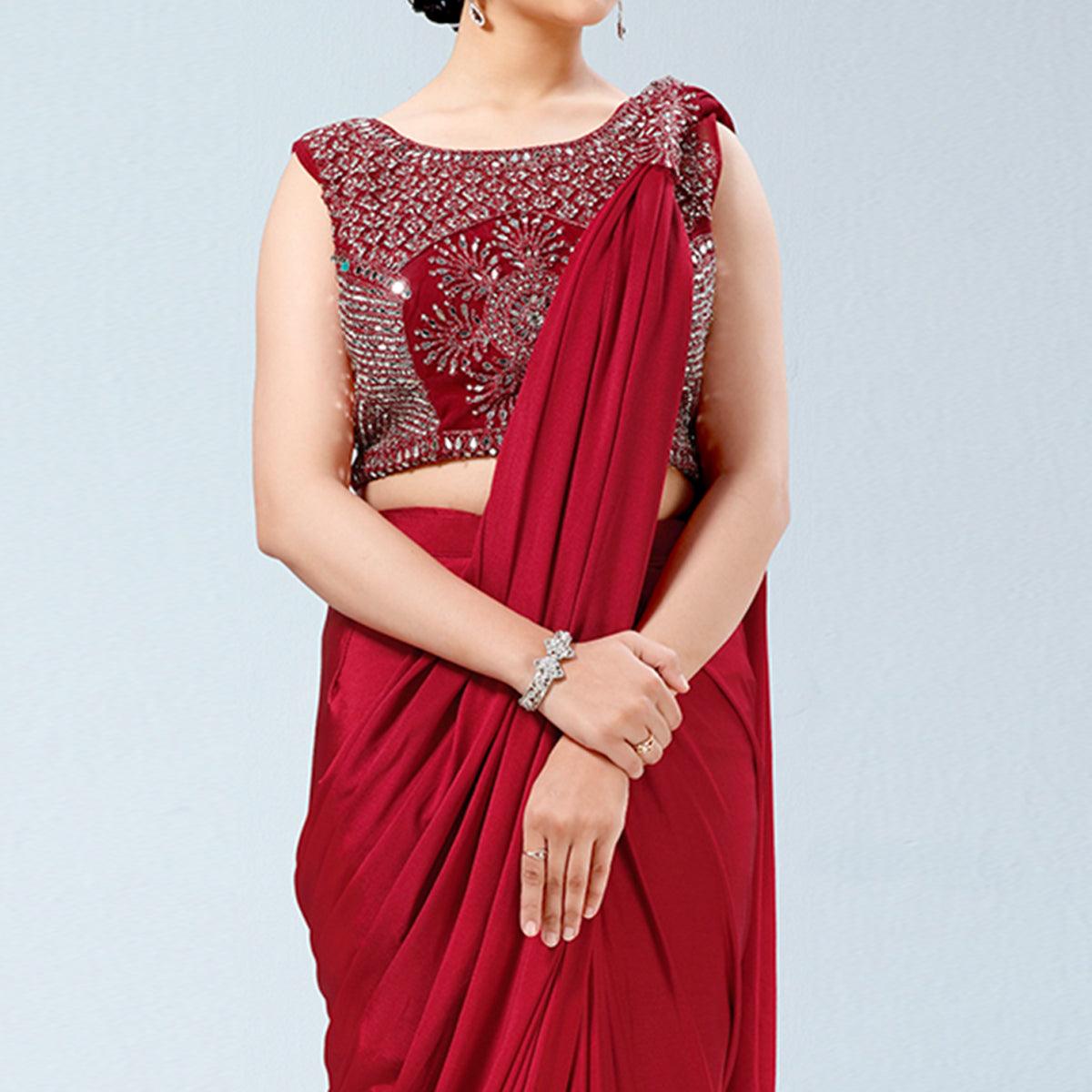 Red Partywear Frill & Sequence Art Silk Saree - Peachmode