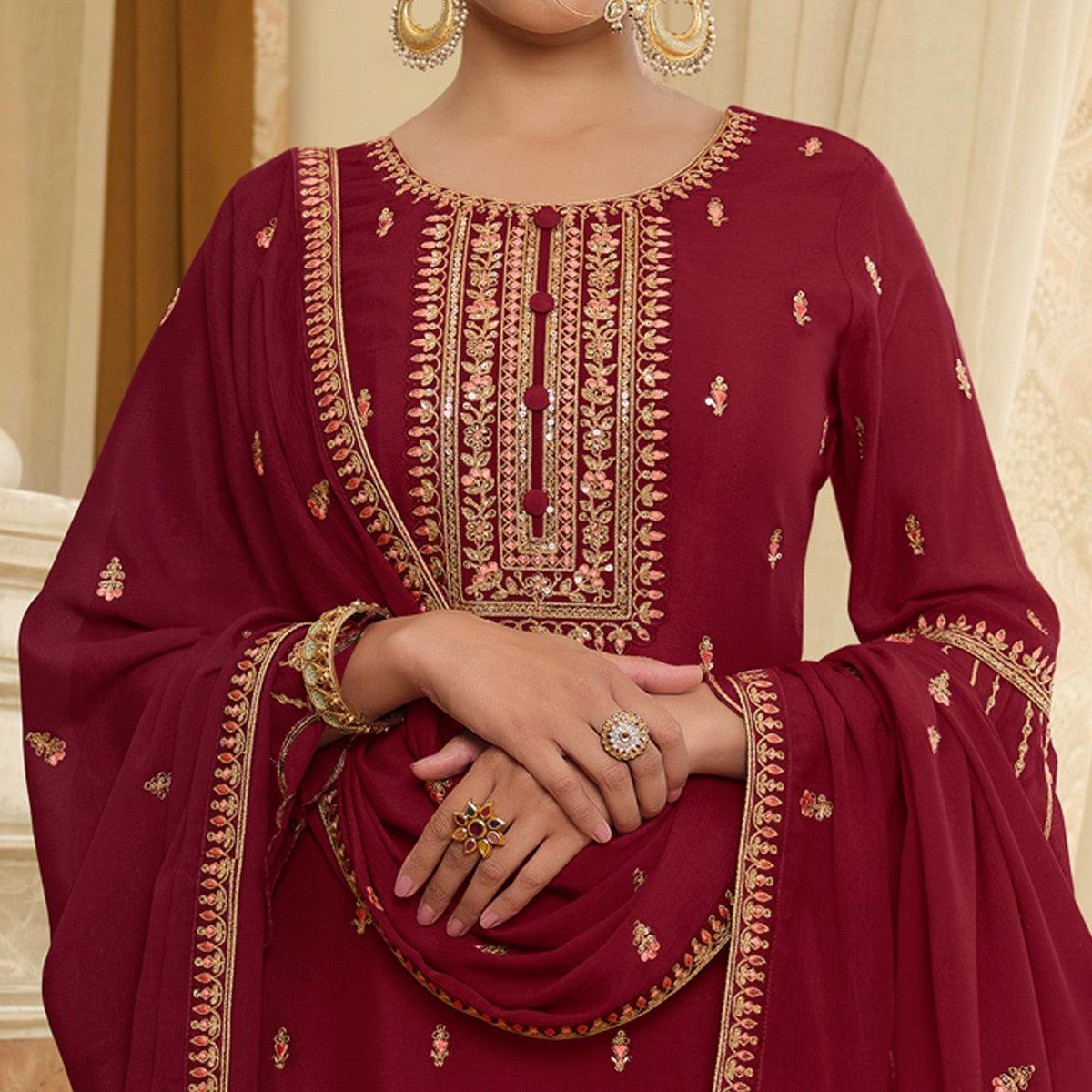 Red Partywear Heavy Embroidered & Sequence Chiffon Palazzo Suit - Peachmode