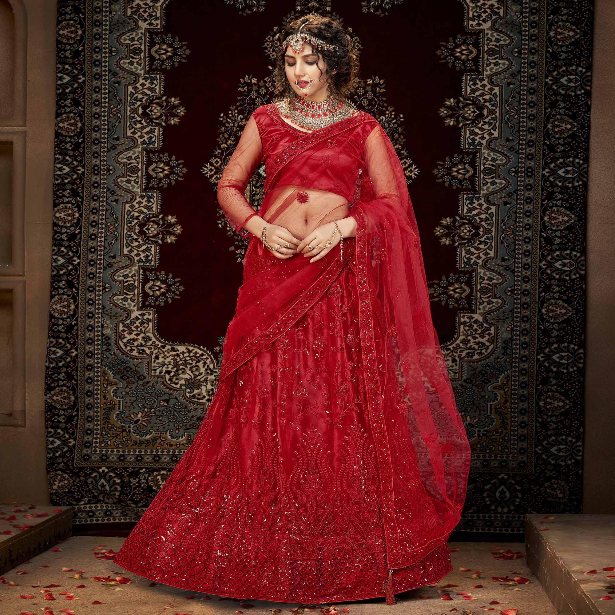 Red Partywear Multi Sequence Embroidered Net Lehenga Choli - Peachmode